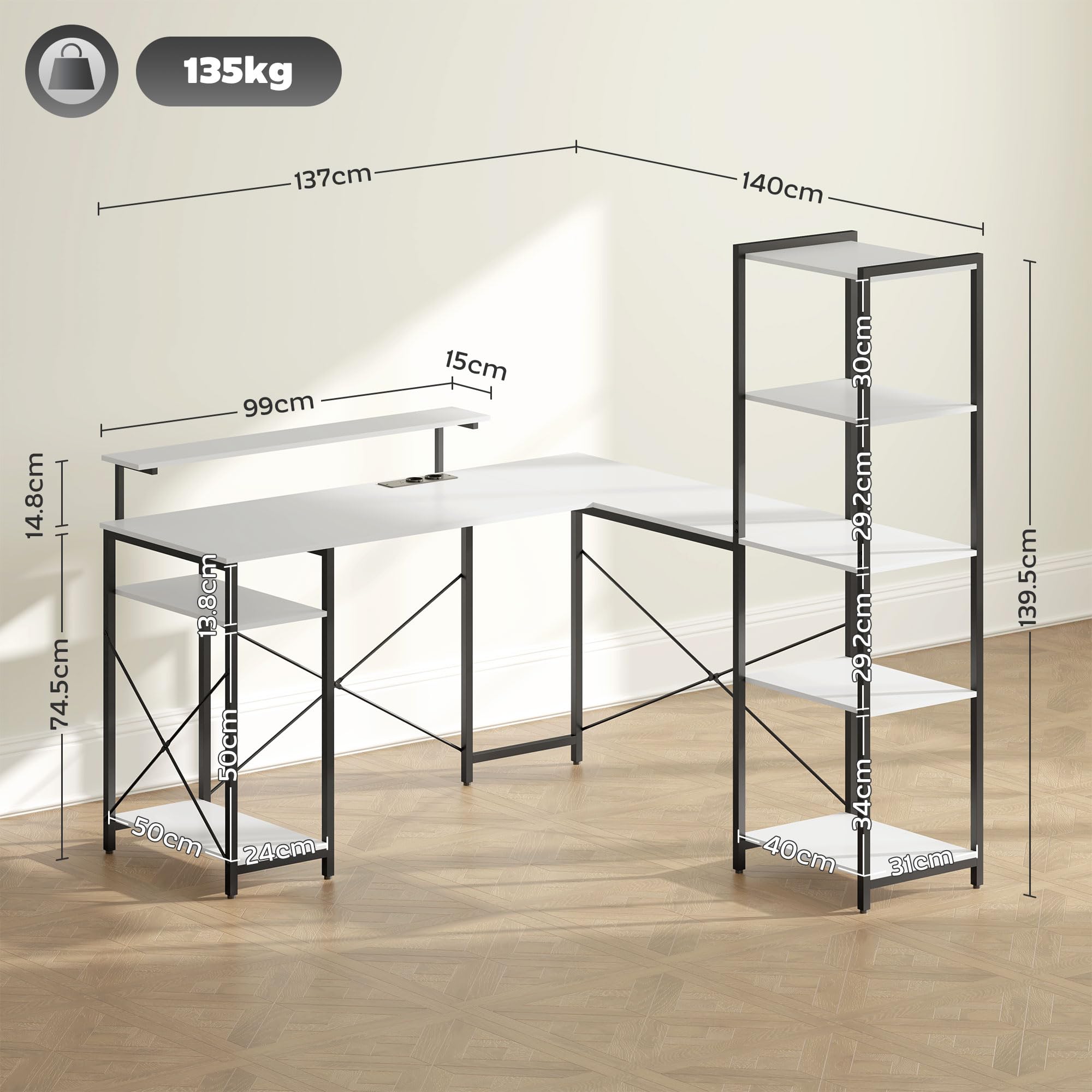 HOMCOM Scrivania Angolare per Computer 137x140cm ad L Reversibile Nero | Doppio Supporto per Monitor, Prese Elettriche, Tavolo per PC con Libreria, per Ufficio Studio e Camera da Letto