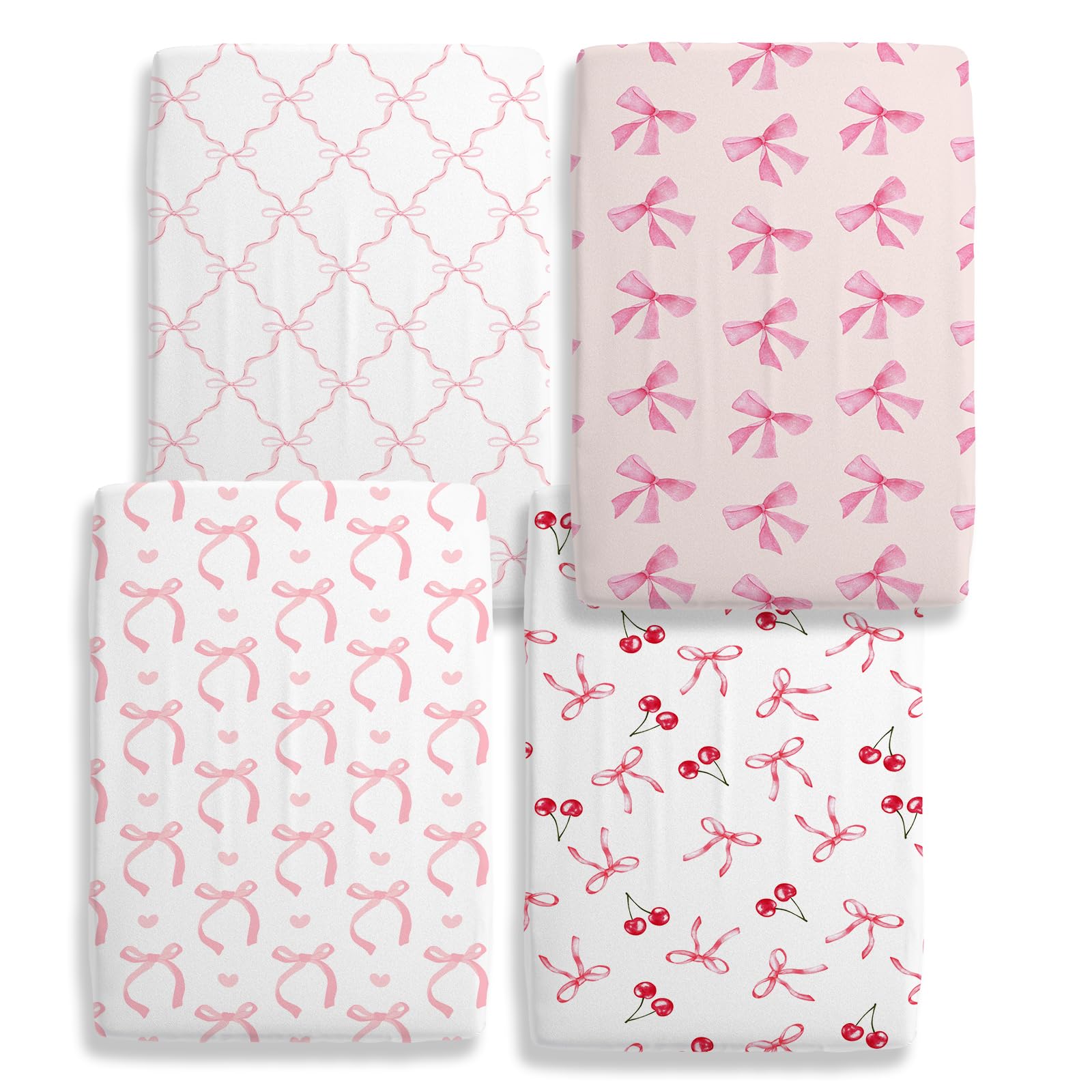 Juego de 4 sábanas para cuna con lazo rosa para bebé, sábana bajera ajustable suave y transpirable de 28 x 52 pulgadas, decoración de guardería para colchones estándar de cuna y cama infantil