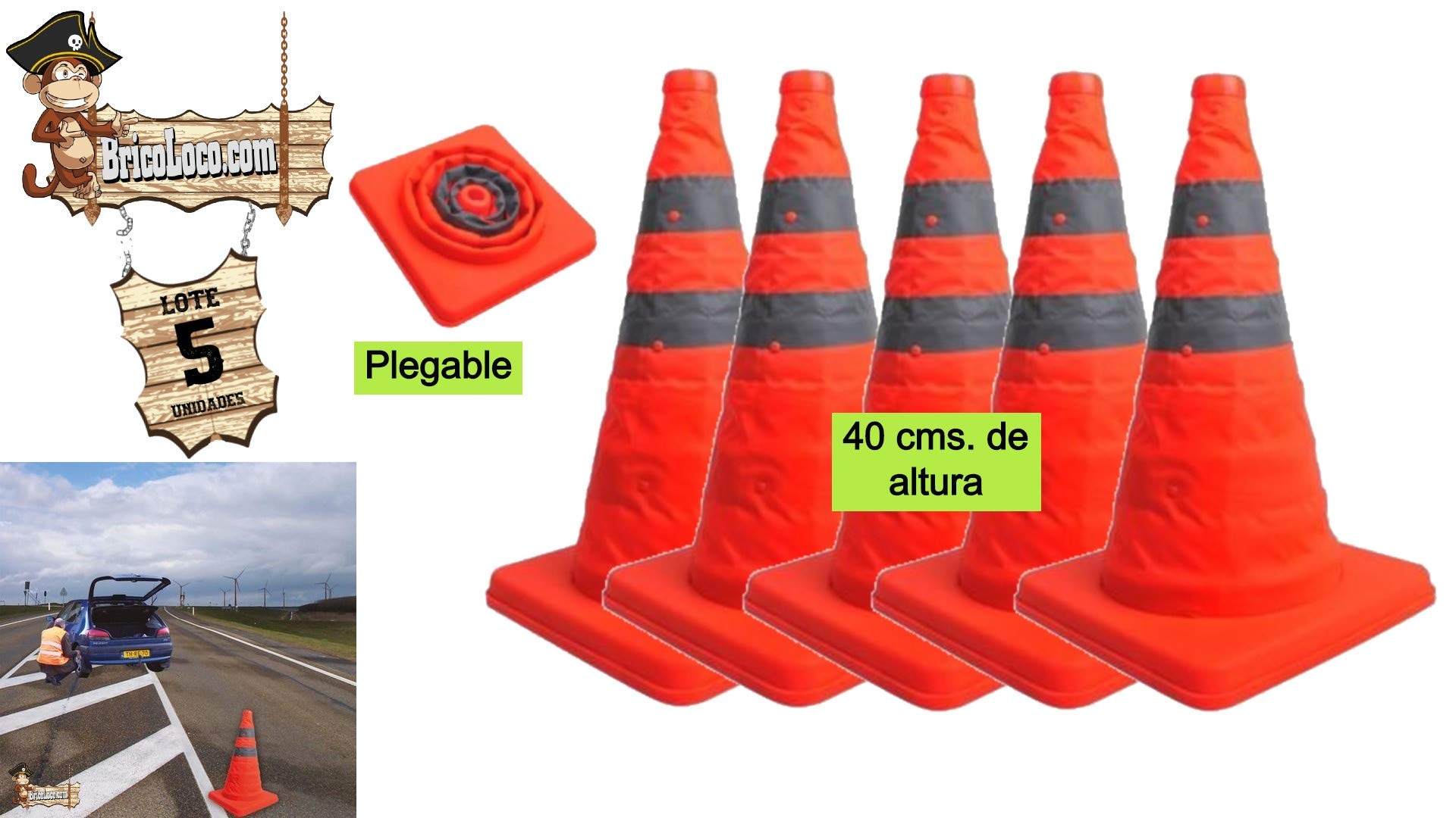 BricoLoco Lote 5 uds. Cono señalización carretera plegable 40 cm 2 bandas reflectantes, naranja. Señalización o balizamiento en carretera de tráfico, entrenamiento, obra. Fluorescente y reflectante.