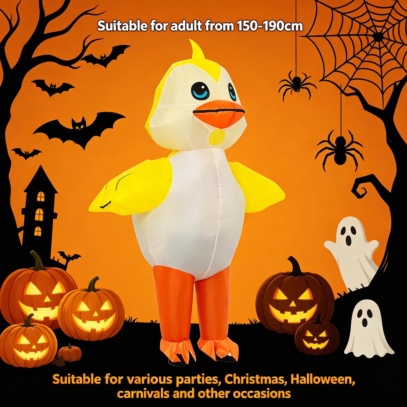 RHYTHMARTS Nadmuchiwany kostium w kształcie kaczki, kostium na Halloween, nadmuchiwany kostium dla dorosłych, żółty, jeden rozmiar, unisex, dorośli