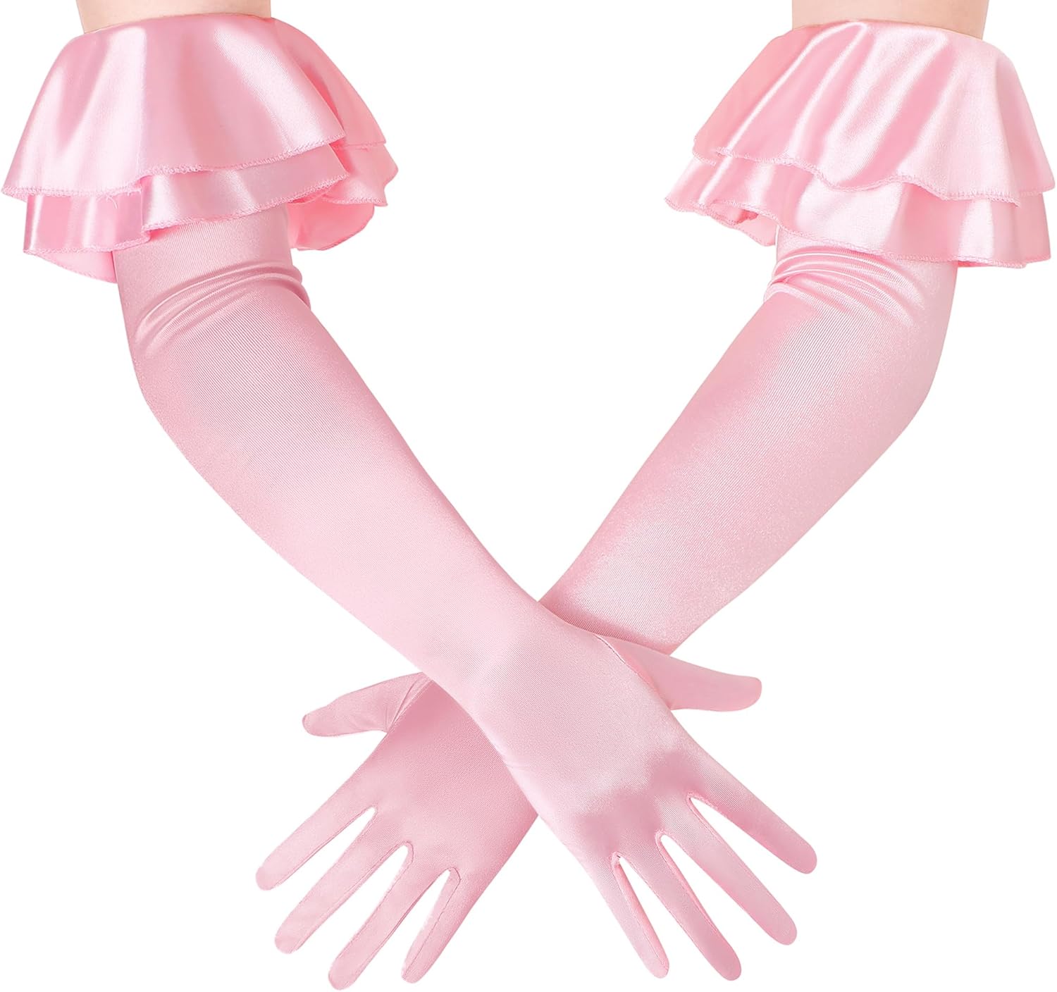 BABEYOND Long Gloves for Women - Puffy Sleeves Ruffle Cuff Gloves Satin Stretchy Elegant Costume for Wedding Opera Tea Party