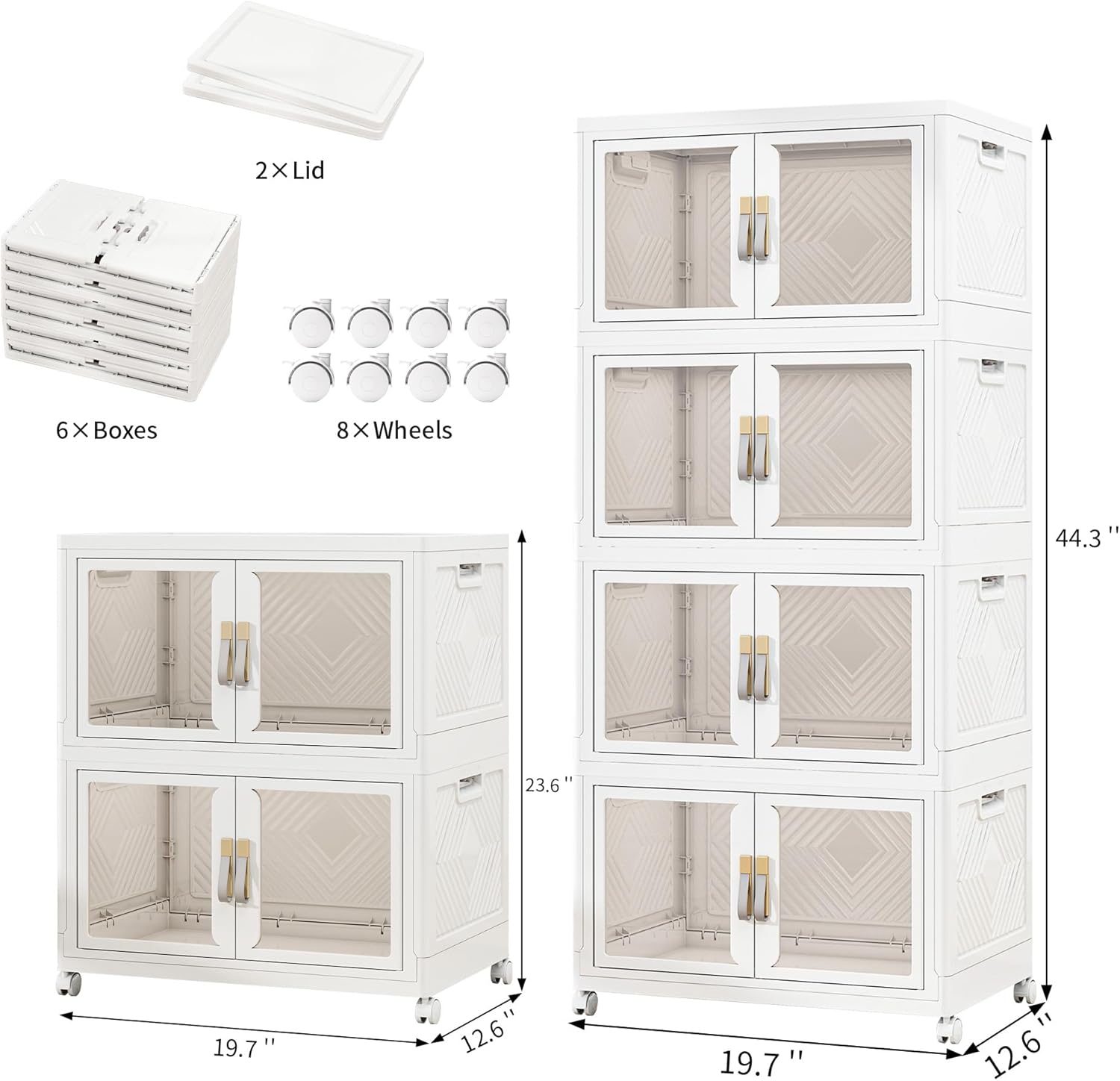 Stackable Storage Bins with Doors & Lids & Wheels, 270QT-45QT*6Pack Foldable Collapsible Storage Cabinets for Bedroom Dorm Office