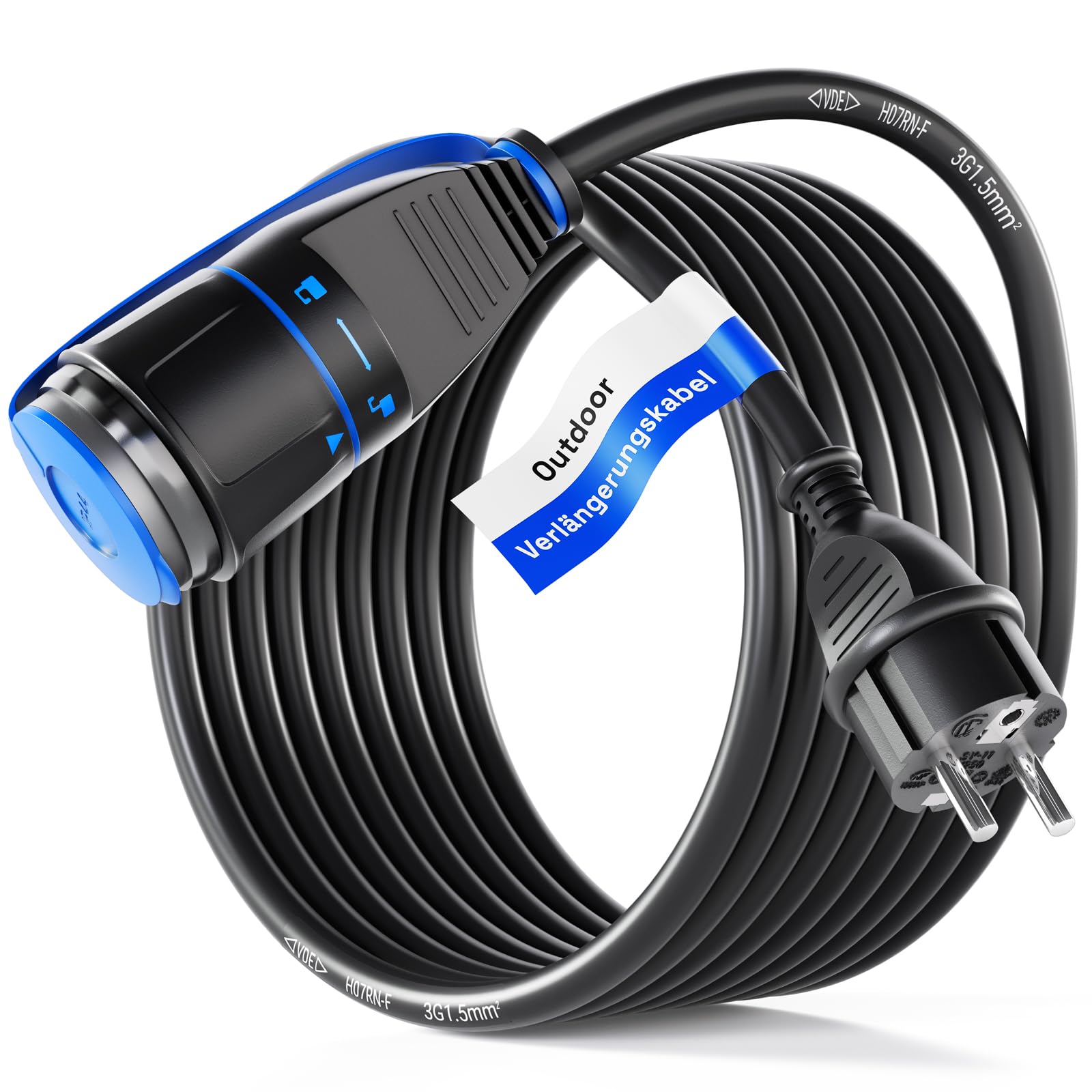 hb-digital Cable alargador de 3 m con sistema de bloqueo, enchufe acodado a conector hembra bloqueable, 12 kg, conexión de fuerza de tracción, ahorra espacio, naranja-negro