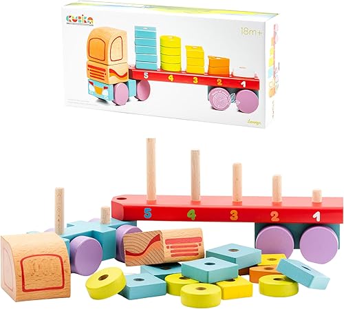 Miniatura 32 de CUBIKA Camión grúa de madera – Juego de vehículos de construcción magnética para niños pequeños a partir de 18 meses – Juguete Montessori