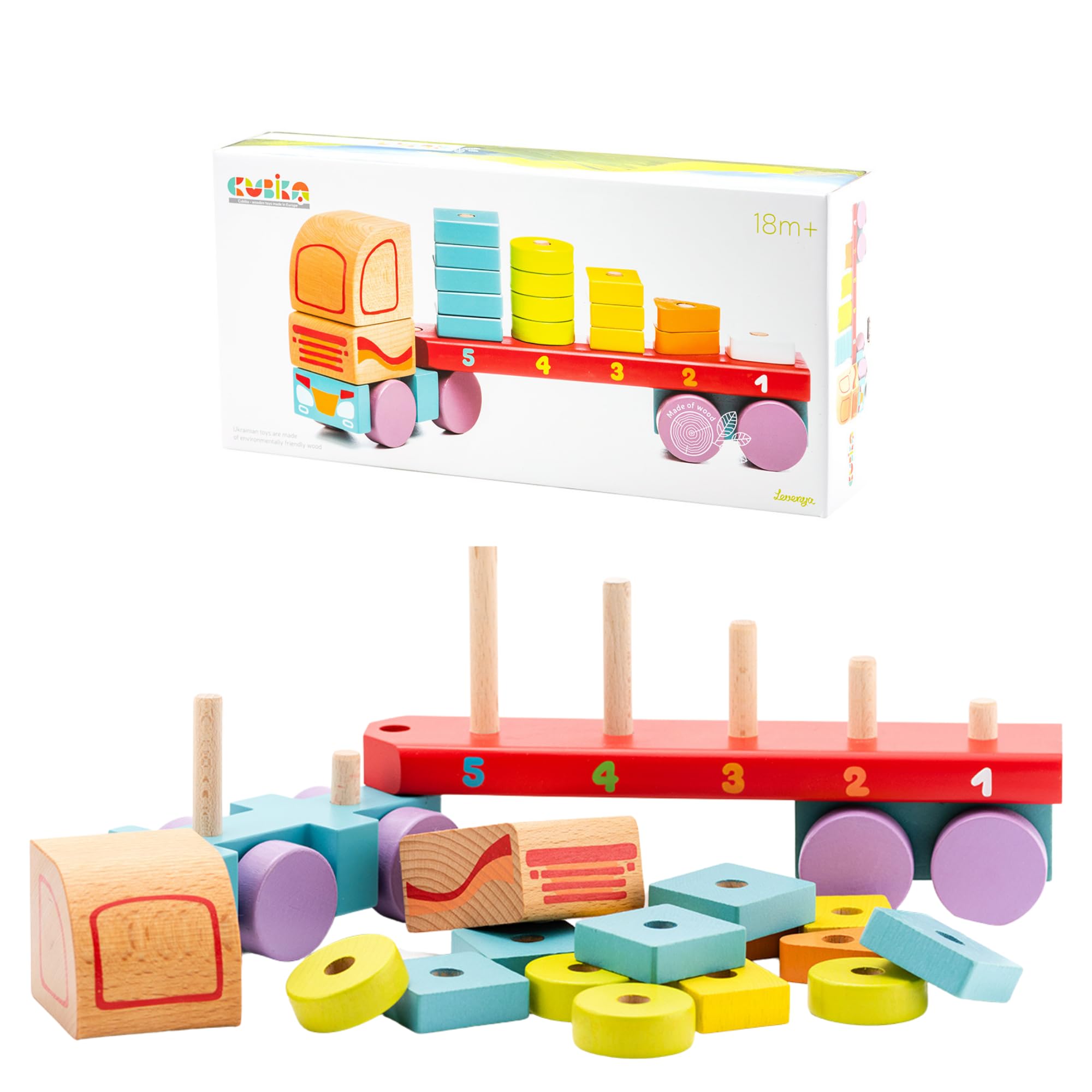 CUBIKA Wooden Geometric Shapes Truck– Montessori Toy for Toddlers Ages 3+– Shape Sorter and Stacking Truck Building Toy– FSC-Certified Wood, German Water-Based Paints, Travel-Friendly