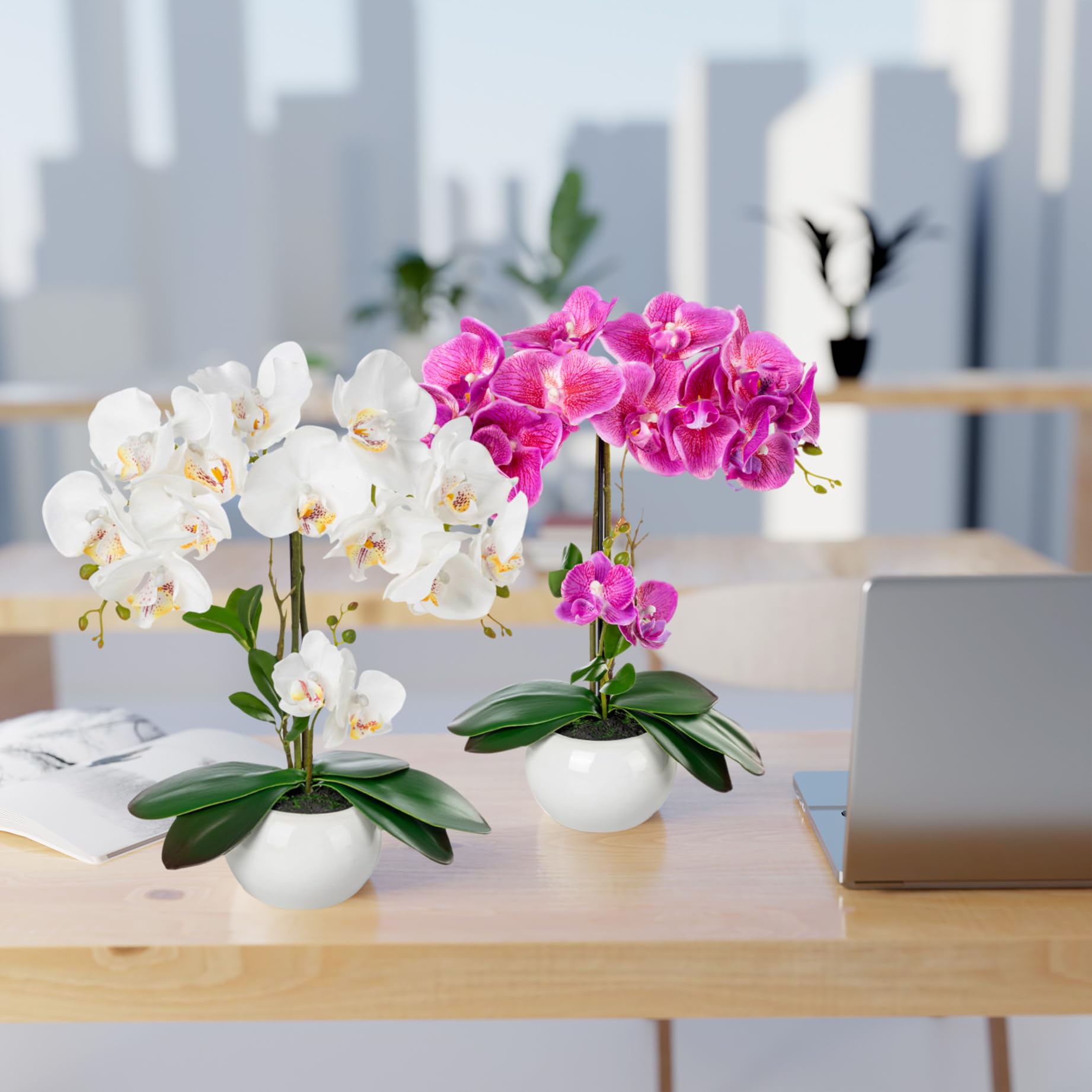 PASCH® Zestaw 2sztucznych orchidei w ceramicznych doniczkach o wysokim połysku (40 cm) | sztuczne kwiaty w doniczce