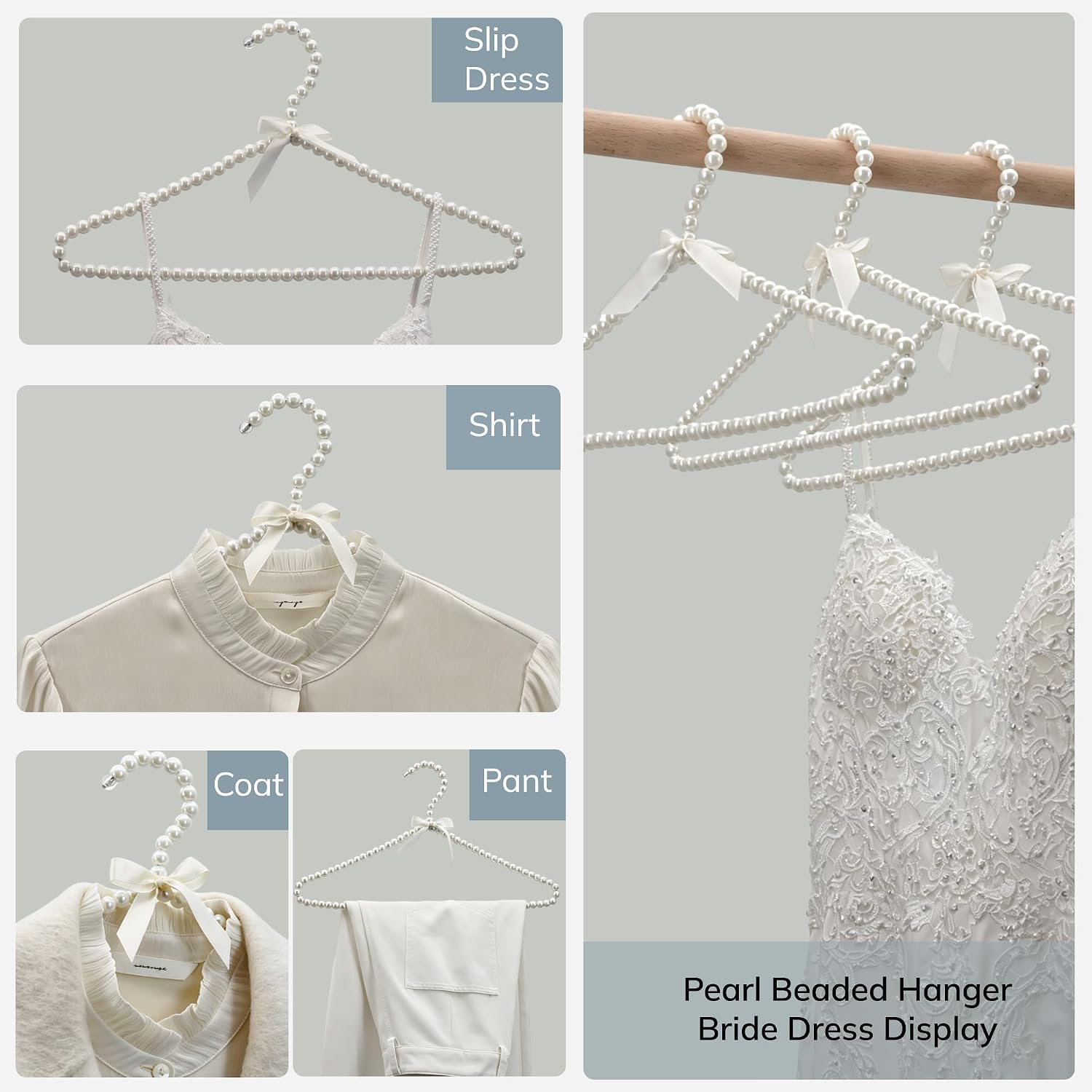 15.8 inch Pearl Beaded with Ribbon Bowknot Clothes Standard Hangers (12, White, 40cm)