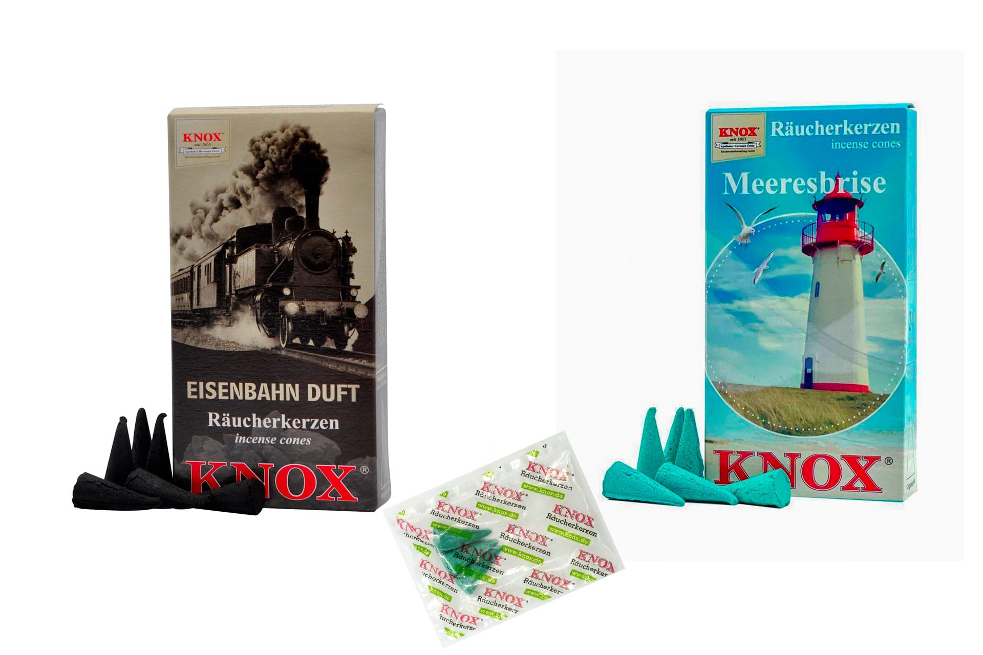 KNOX Incense Cones Set of 2 Holiday Journey Fragrances: Railway, Sea Breeze – Quantity: 48 Includes 3 Incense Cones Samples of Sea Breath Fragrance – Made in Germany