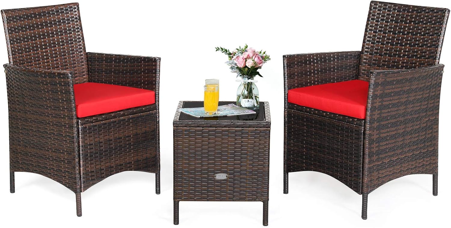 RELAX4LIFE 3 Pieces Patio Rattan Furniture Set with Glass Coffee Table & Cushions Outdoor Conversation Set for Poolside Balcony Backyard Lawn Porch 3 Pieces PE Rattan Patio Set (Red)