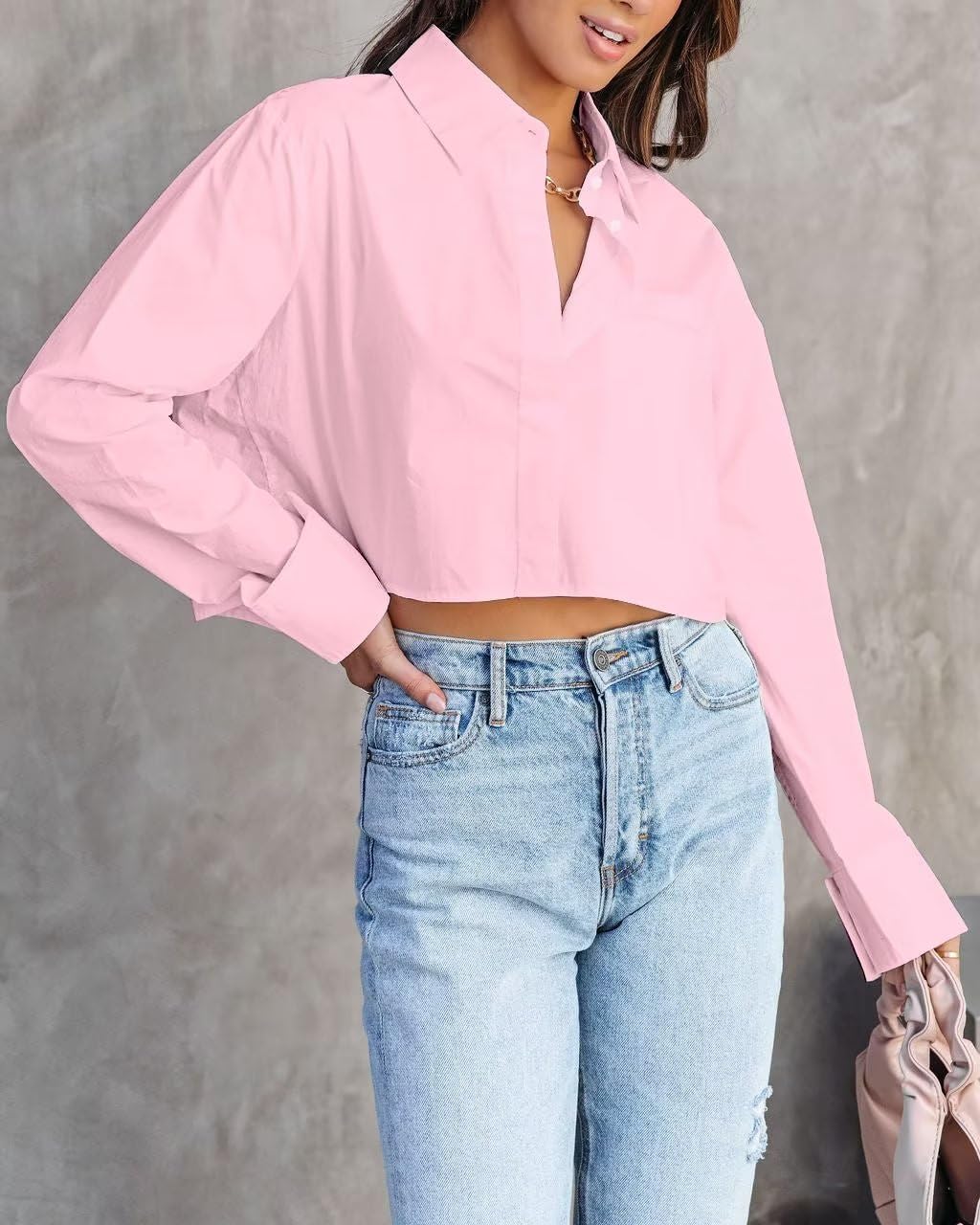INFITTY Women's Button Down Cropped Shirts Long Sleeve Casual Crop Tops Loose Fit Cotton Lapel Blouse Fall - Image 5