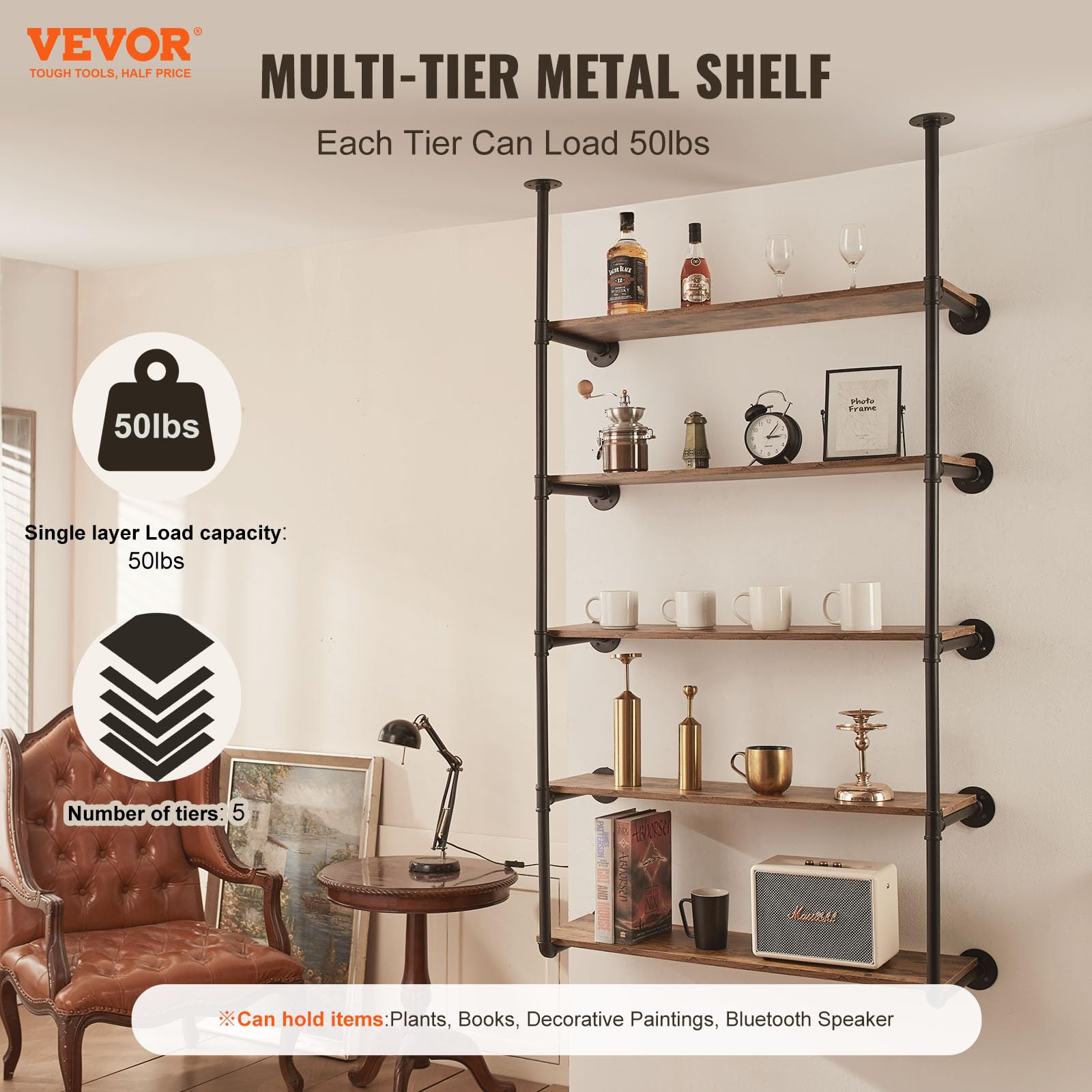 VEVOR Industrial Pipe Shelf, 5 Tier 2PCS, 9.84in Applicable Board Width Wall-Mount Floating Rustic Wood Shelves Bracket Bookshelf,Storage Holder for Kitchen Bedroom Bathroom, (Planks NOT Included)