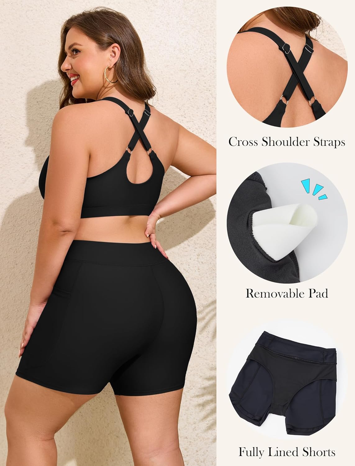 HUSKARY 3 Piece Tankini Swimsuits for Women Swim Tank Top with Bra and High Waist Boy Shorts with Pockets - Image 6