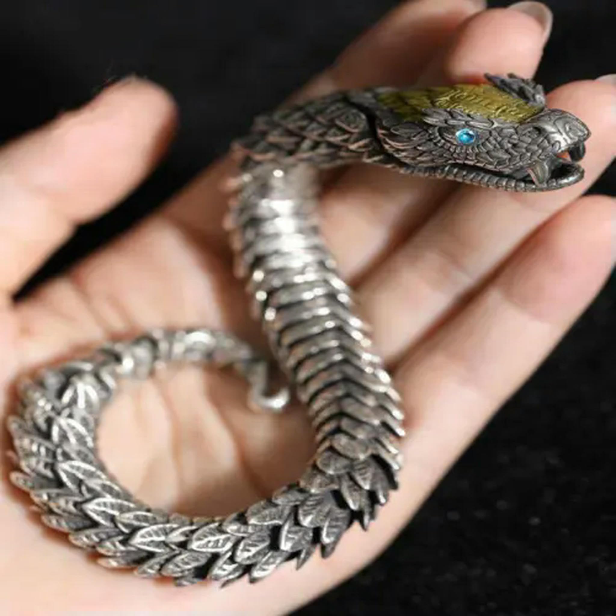 Bracciale Vichingo in Argento 925 con Drago/Serpente, Regalo da Uomo, Bracciale Rigido con Serpente da 20 cm