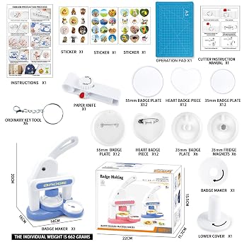 Button Maker Machine 55mm, Badge Punch Press Kit, Badge Machine with Circle Cutter, Button Badge Maker Machine with 48pcs Button Parts, DIY Round Pin Maker Kit for Kids(Blue)