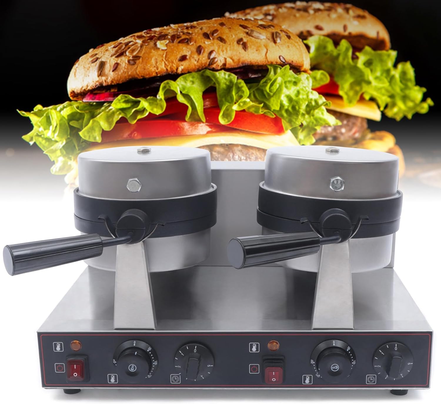 2400W Electric Hamburger Maker Burger Machine, Commercial Waffle Maker Dual Panini Press Grill, Nonstick Ice Cream Sandwich Maker Burger Toaster, Adjustable Temperature & Time