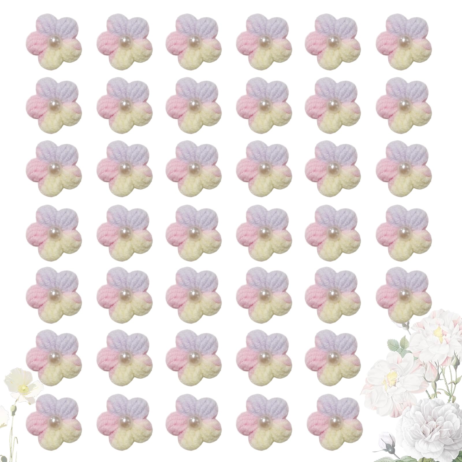 Knitted Flower Patches，Crochet Flowers Applique，40pcs Handmade Floral Sew on Patches，2cm DIY Appliques Embellishments with Pearl, Crochet Floral for Crafts,Sew Accessories(Pale Yellow/Purple/Pink）