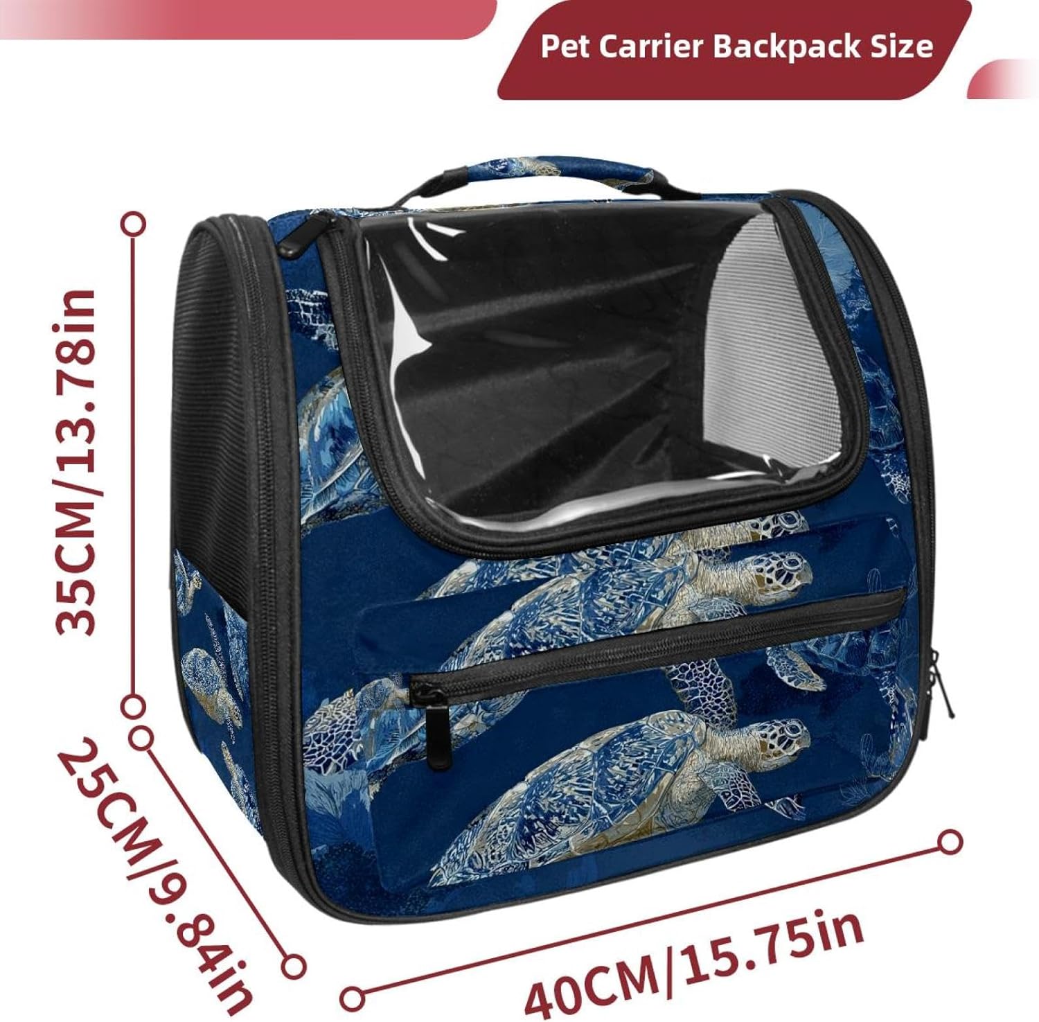 Portable Travel pet Backpack Carrier Hamster Bag Small Dog cat Carrier Breathable Hang Bag, Art Sea Turtles Navy Blue