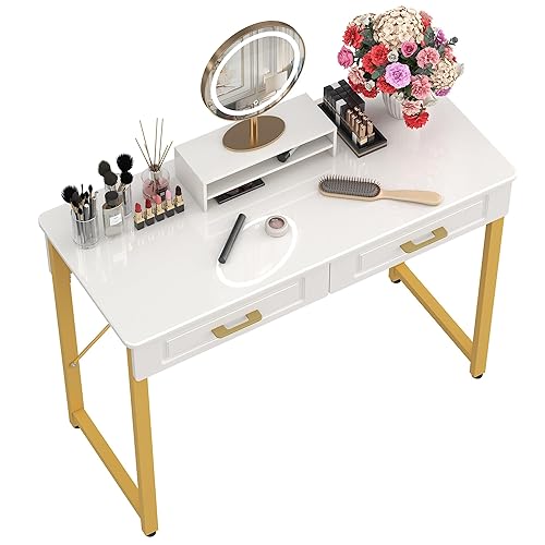 WESTREE Vanity Desk with 2 Drawers and Storage Shelf, Modern Makeup Table with Glossy Desktop, Gold Metal Frame Writing Desk for Bedroom or Home Office, No Mirror - 40 Inch - White
