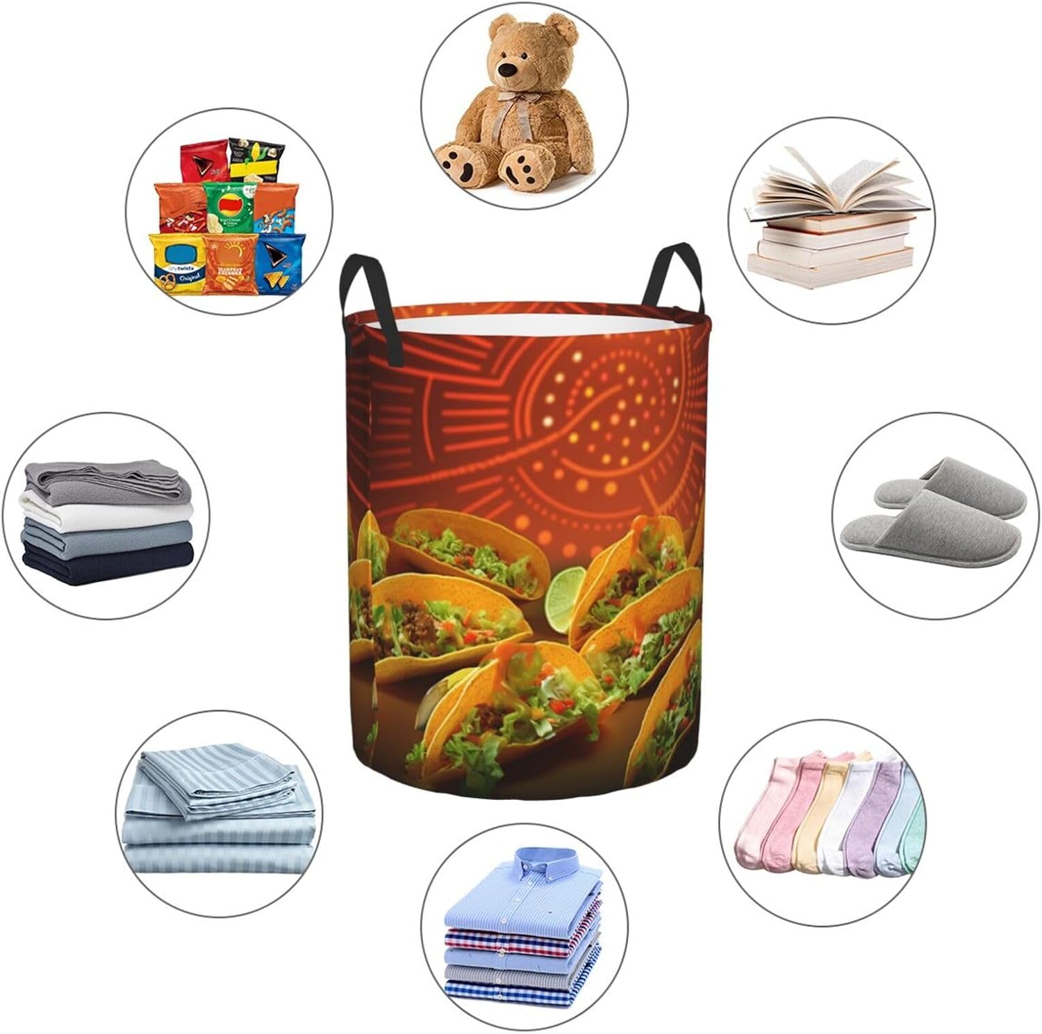 Food Pattern Funny Laundry Basket With Handles, Foldable Laundry Hamper Oxford Cloth Dirty Clothes Basket Waterproof Clothes Toys Storage Bin Organizer for Bedroom Bathroom Dorm