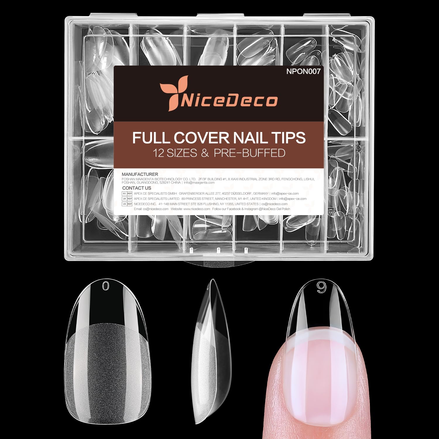 Nicedeco Almond Fake Nails Pre-shape 216pcs Press on Nails for Full Cover Acrylic Full Nails False Nails 12 Sizes - 007