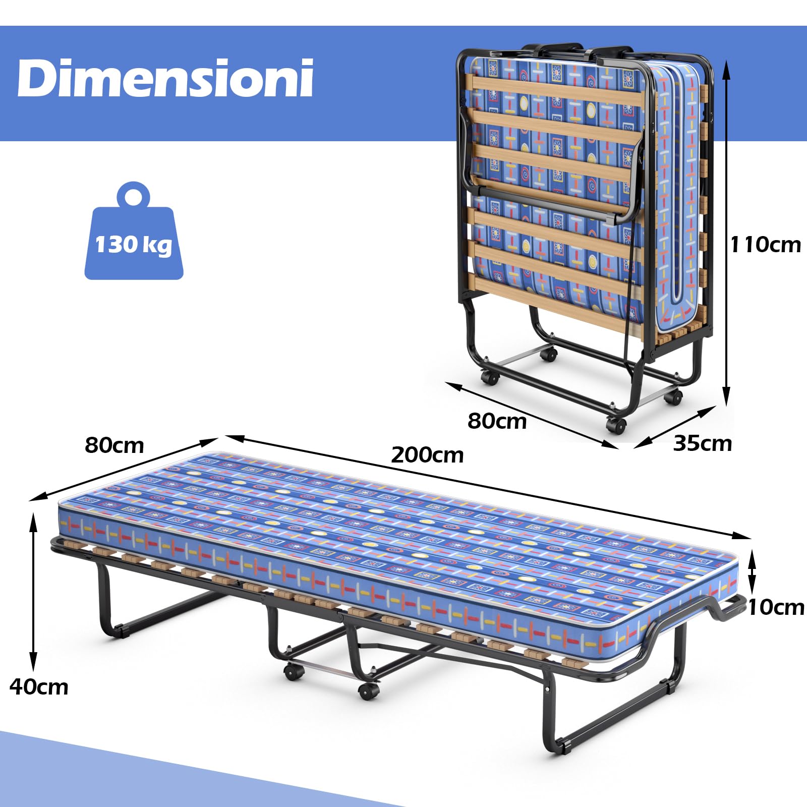 GYMAX Brandina Pieghevole con Materasso 10 cm, 200 x 80 x 40cm, Carico 130 kg, Materasso Memory, a 15 Doghe, Made in Italy (BLU)