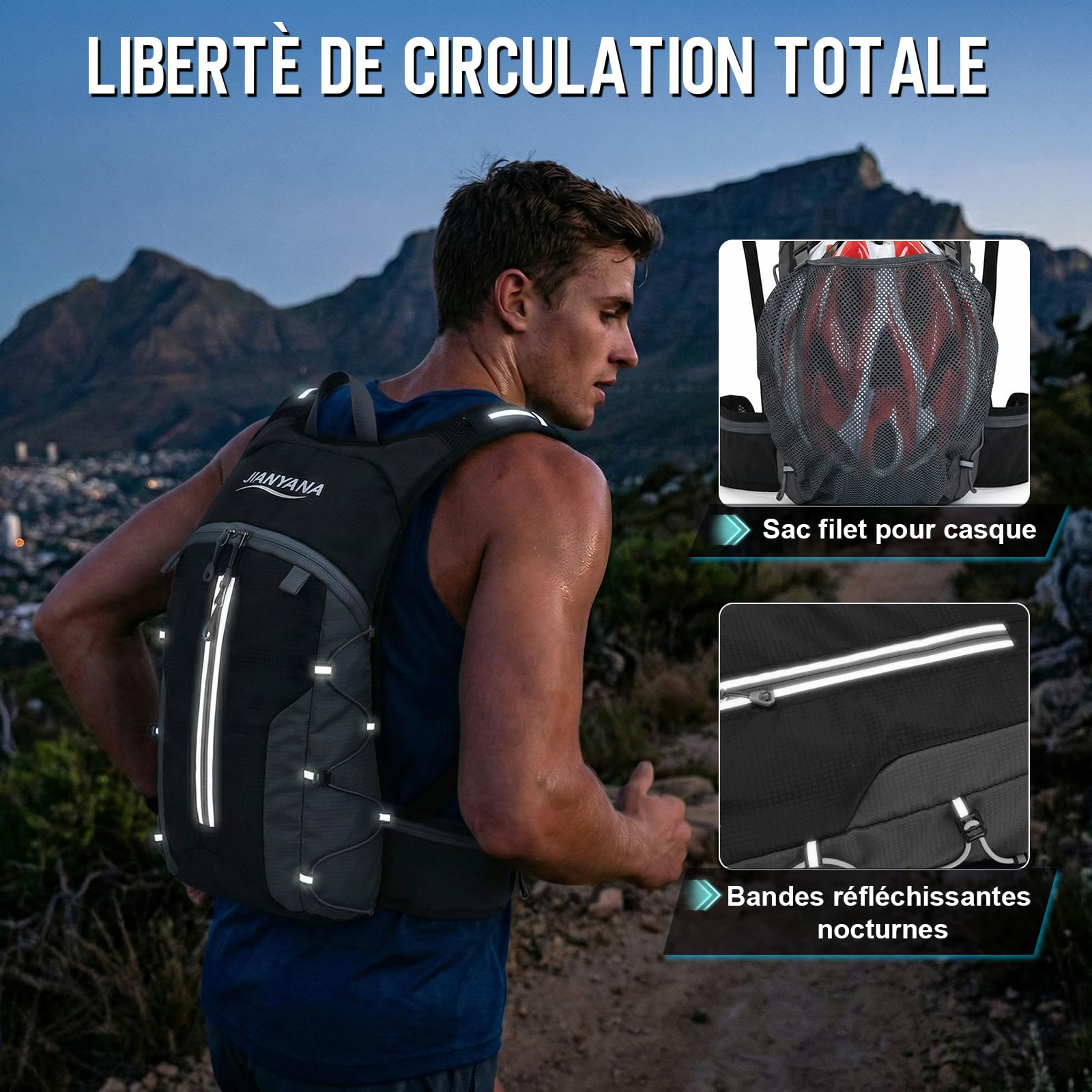 JIANYANA Sac à dos d'hydratation, pliable, noir, 3 l, 550 g, convient pour le cyclisme et la randonnée, noir