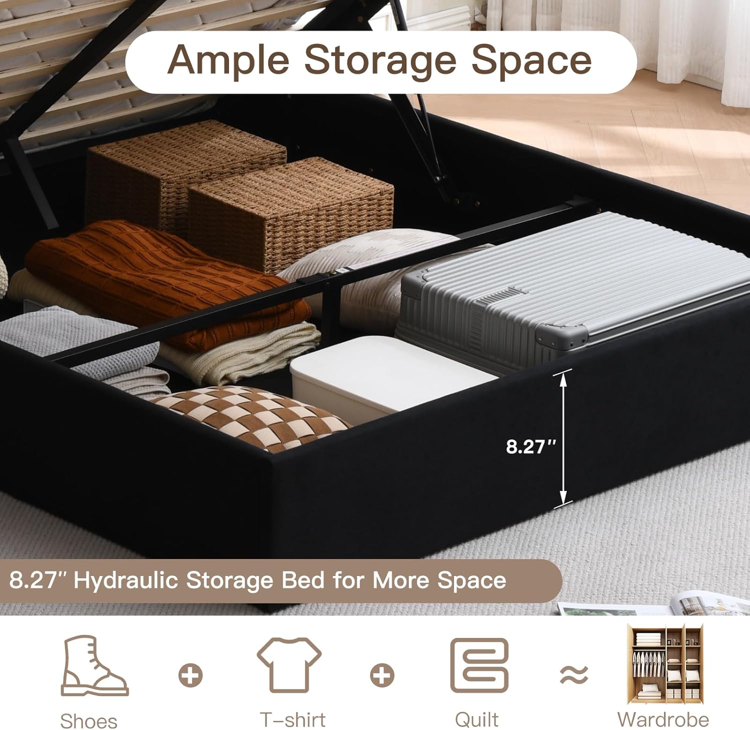VELOCAVA Queen Size Black Lift-Up Storage Bed, Linen-Textured Upholstered Platform Frame with Ample Hydraulic Storage, Modern Button-Tufted Headboard, Sturdy Slats, No Box Spring Needed