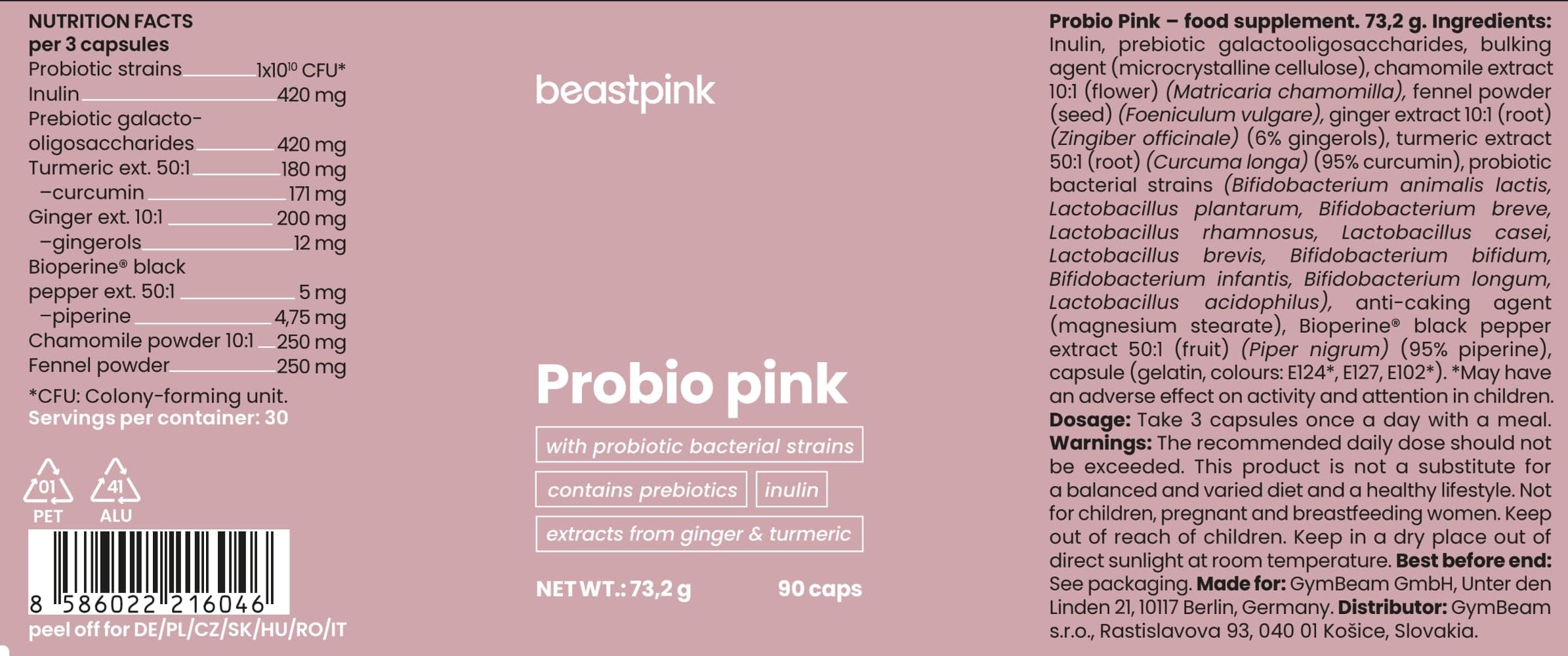 Probio Pink für Frauen - Probiotika zur Unterstützung der Darmflora, 10 Stämme mit 10 Mrd. lebenden Kulturen, Präbiotika aus Inulin & GOS, enthält Kamille, Fenchel, Ingwer & Kurkuma, 90 kaps