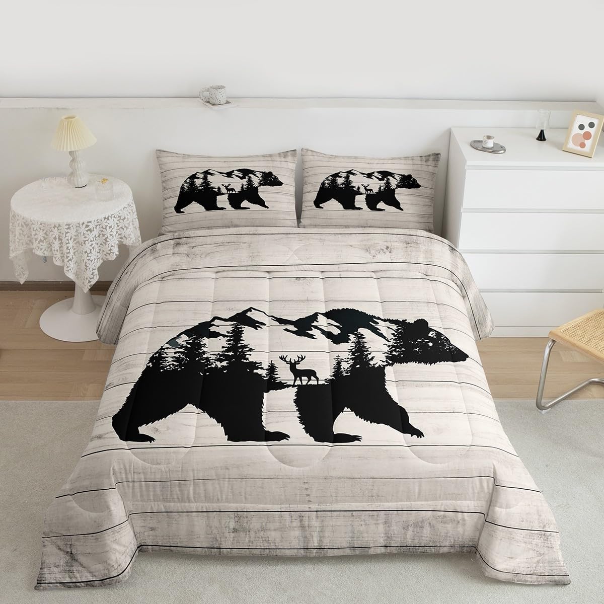 Feelyou Bear Bedding Set Comforter Set Rustic Western Jungle Bear Comforter Cover for Boys Girls Teens Decor Wooden Stripes Duvet Set Twin Size with 1 Pillow Case Boys