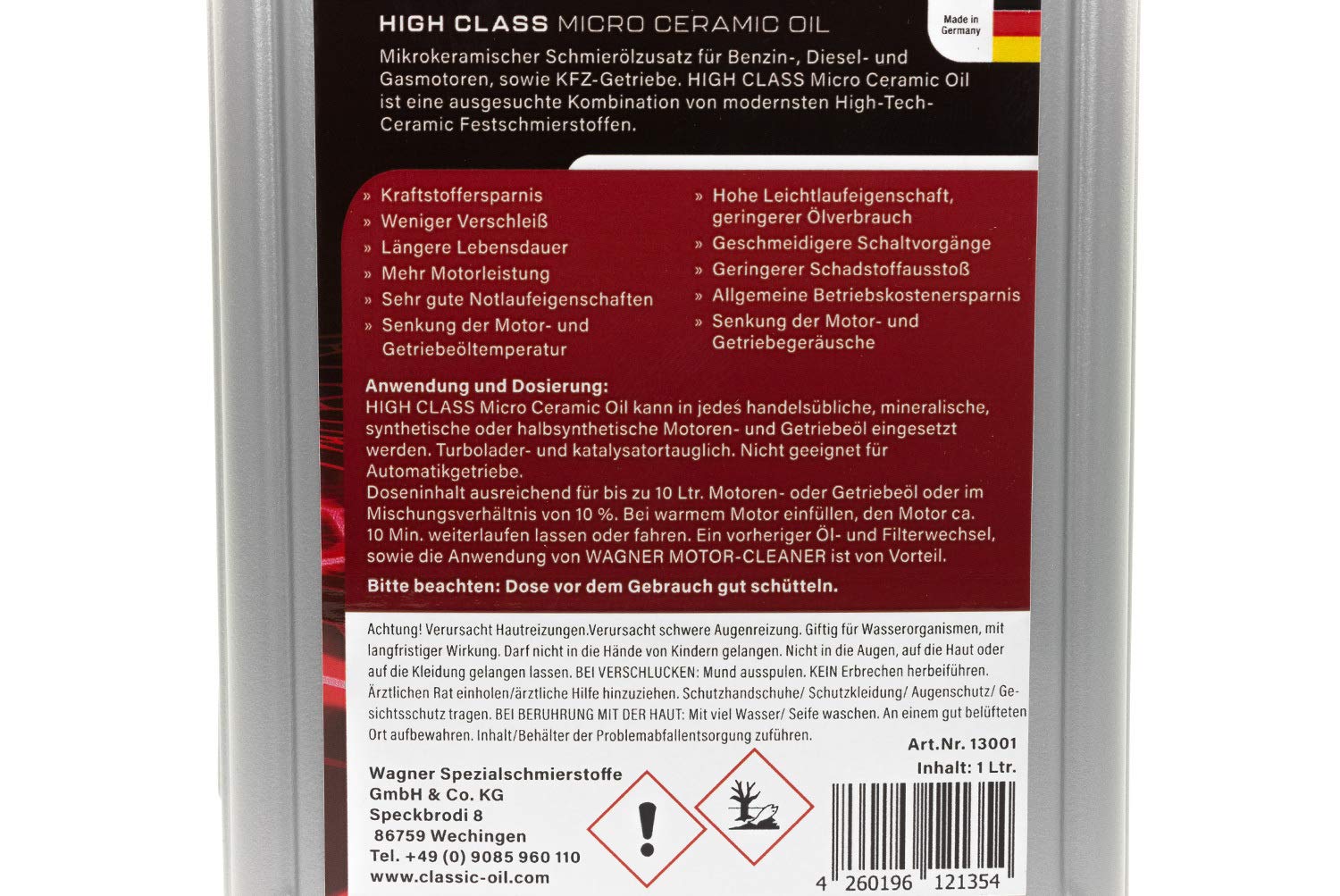 WAGNER Universal Micro-Ceramic Oil Schmierölzusatz | Getriebeöl Zusatz für Reibungsreduzierung & Verschleißschutz | Motorenöl Additiv als Schmierstoff für übliche Motoren- & Getriebeöl | 1Liter