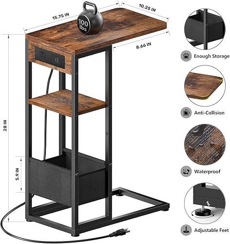 Miniatura 3 de Mesa auxiliar en forma de C con estación de carga, mesa auxiliar pequeña para sofá reclinable, mesas de aperitivos con bolsa de almacenamiento y