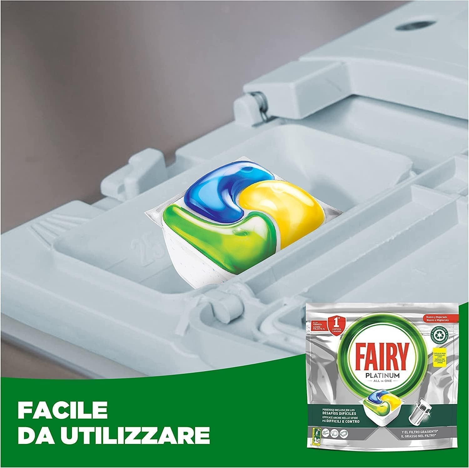 Fairy Platinum Detersivo Pastiglie Lavastoviglie, Brillantante, 126 Capsule Lavastoviglie, Limone, con Sistema Di Prelavaggio Integrato, Efficace nelle Sfide Difficili Contro lo Sporco