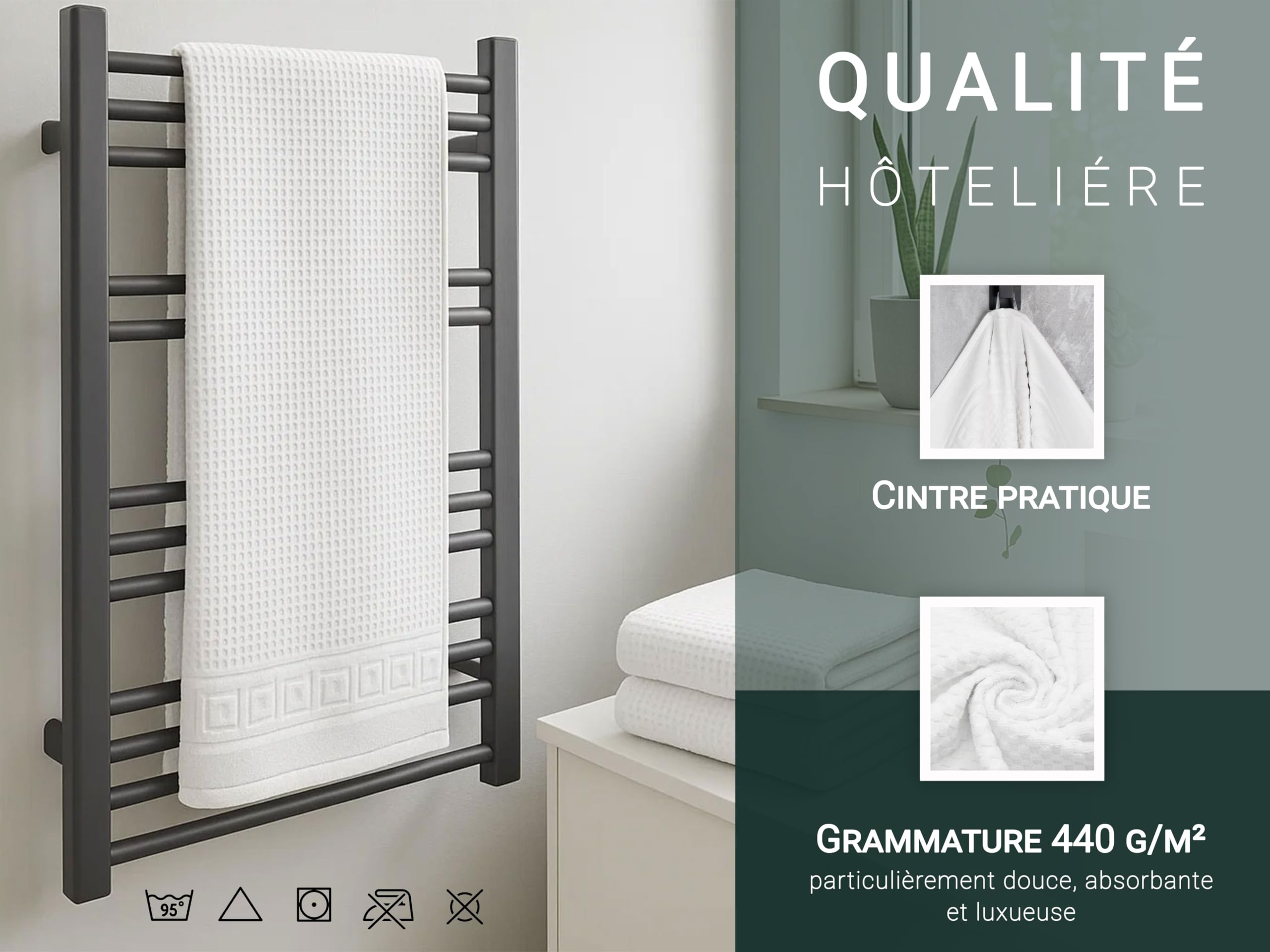 ZOLLNER Lot de 2 Serviettes de Bain en 100x150 cm - Motif gaufré Doux et Absorbant, Couleur Blanche - avec Crochet - lavables jusqu'à 95 °C - Coton - qualité hôtelière - certifiées Oeko Tex®