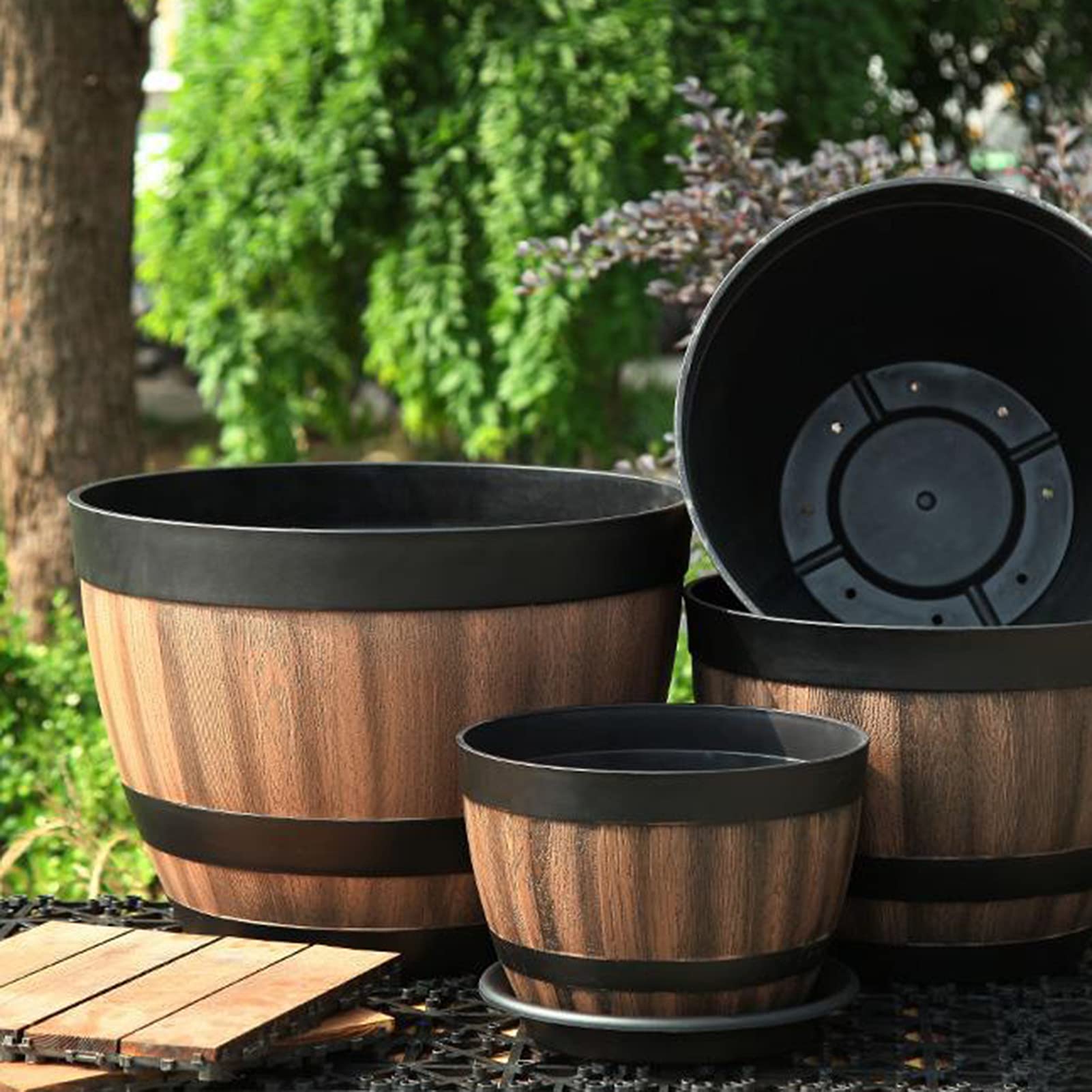 Faux Whiskey Barrel Planter Wooden Barrel Effect Planter – Medium
