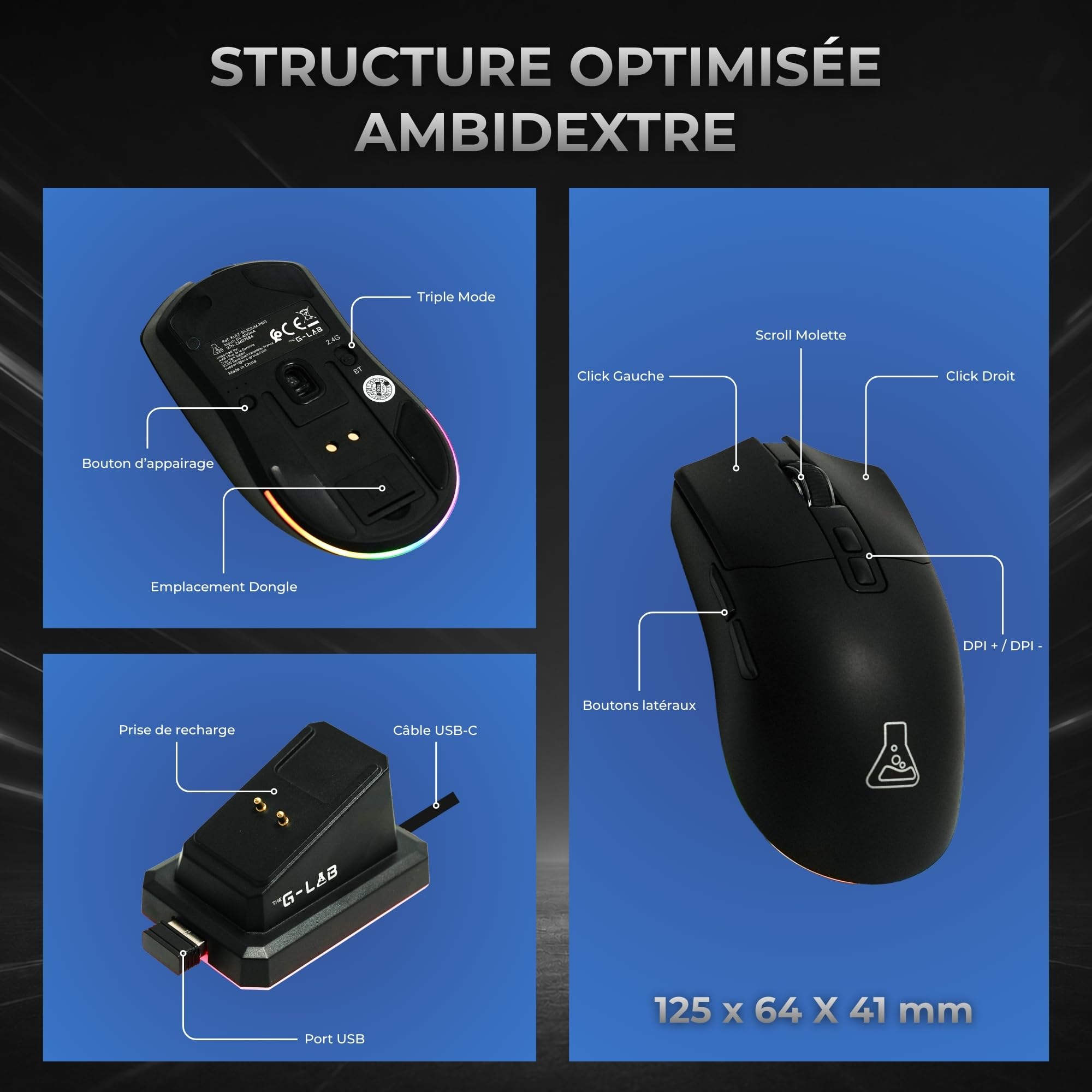 The G-Lab Kult Silicium Pro Souris Gamer sans Fil 12000 DPI Dock de Charge