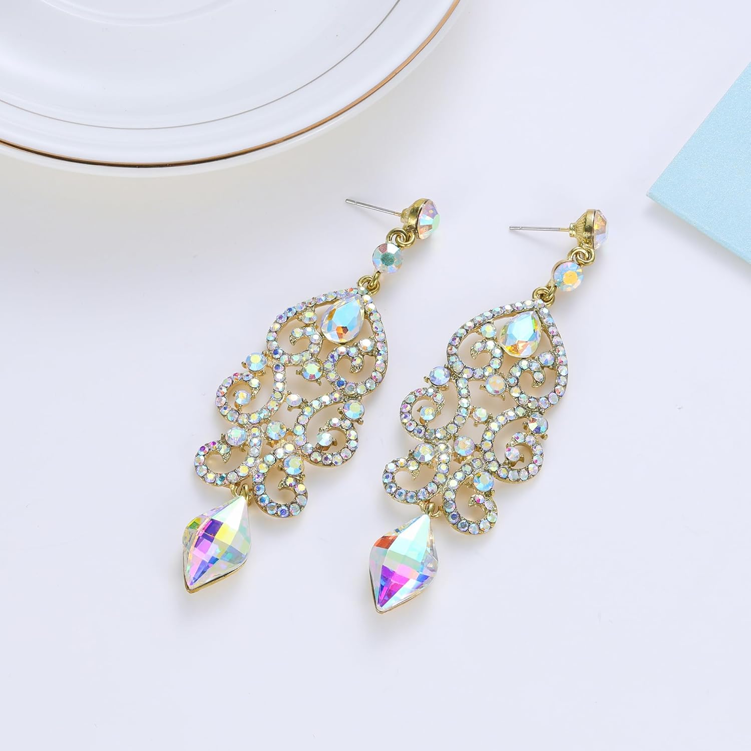 Flyonce Rhinestone Crystal Wedding Art Deco Floral Chandelier Dangle Earrings for Women - Image 4
