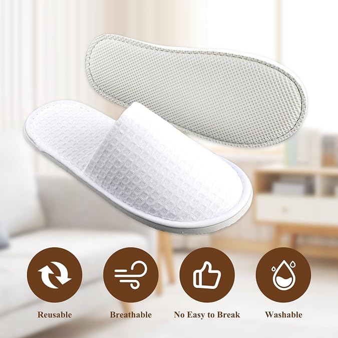 5 Pairs Disposable Slippers White Non-Slip Closed Toe Slippers Shoes Comfortable Waffle Adult Slippers for Spa Guest Travel Hotel Nail Salon