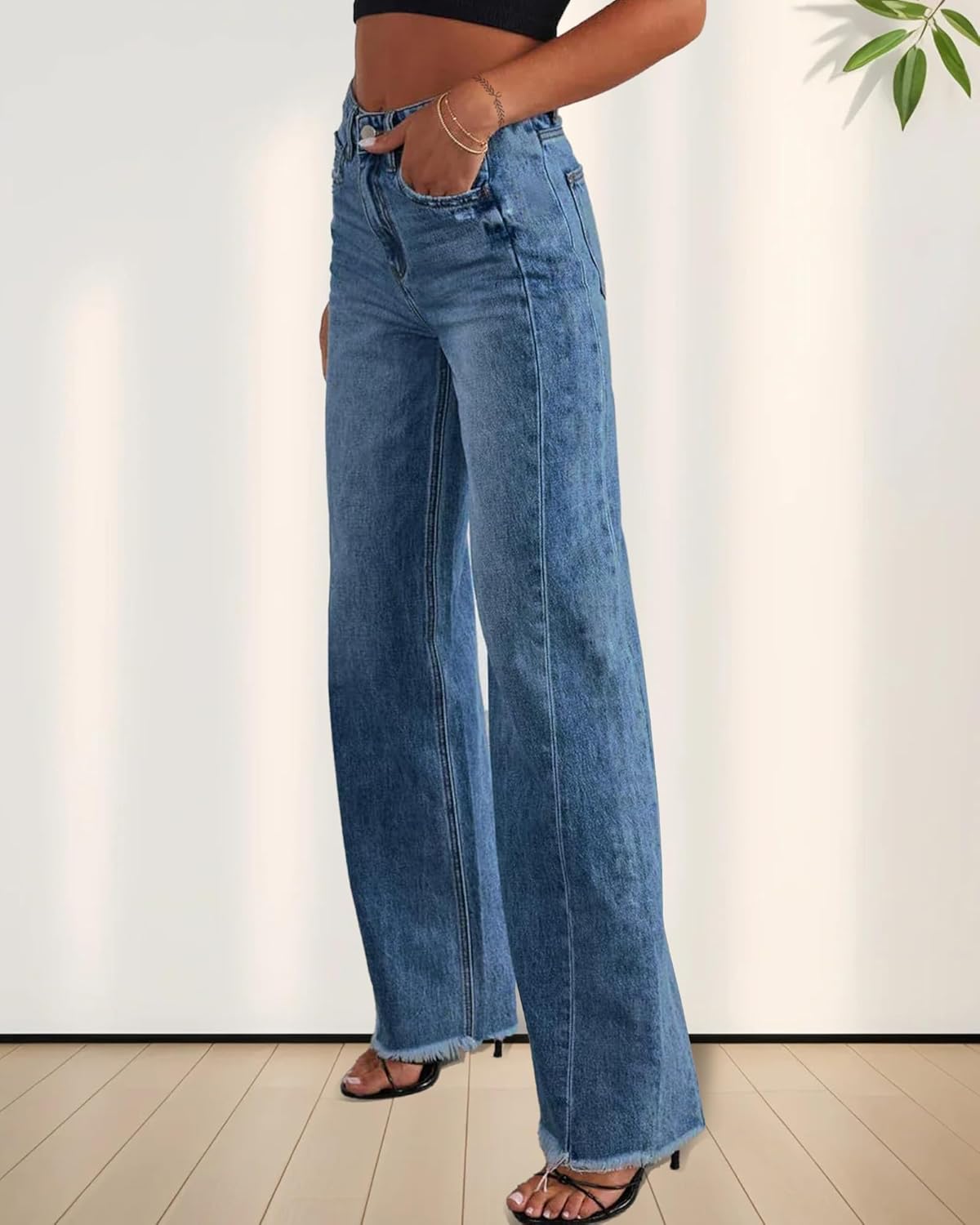 Trendy Women's Baggy Wide Leg Jeans High Rise Stretchy Denim Pants with Raw Hem & Comfort Fit - Image 3