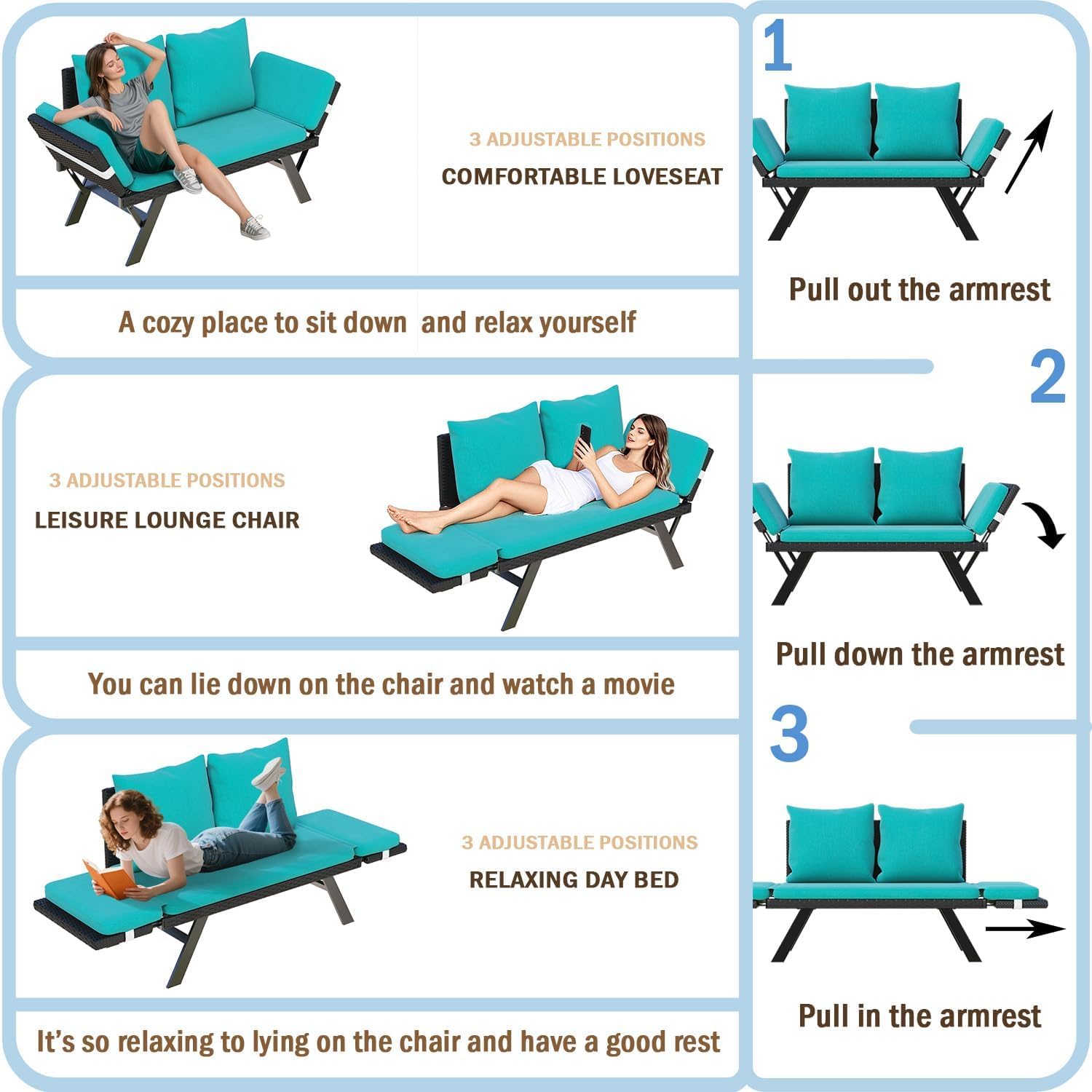 LEMBERI Outdoor Convertible Sofa, Daybed Couch with Adjustable Armrests, Woven Rattan Patio Loveseat or Double Chair with Soft Cushions and Backrest Pillows for Patio, Poolside, Yard, Porch, Lake Blue