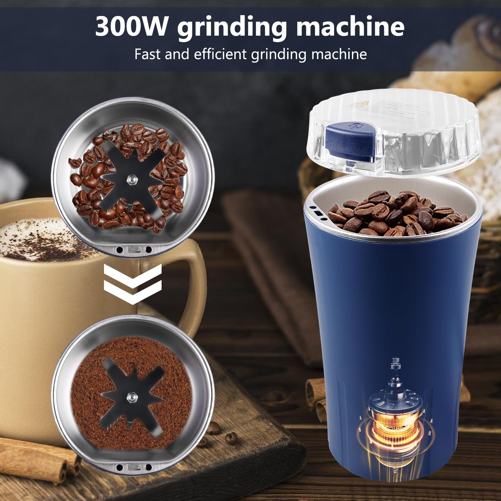Broyeur Électrique Cuisine 300W - Moulin à Café Et Grains Avec Couvercle Transparent
