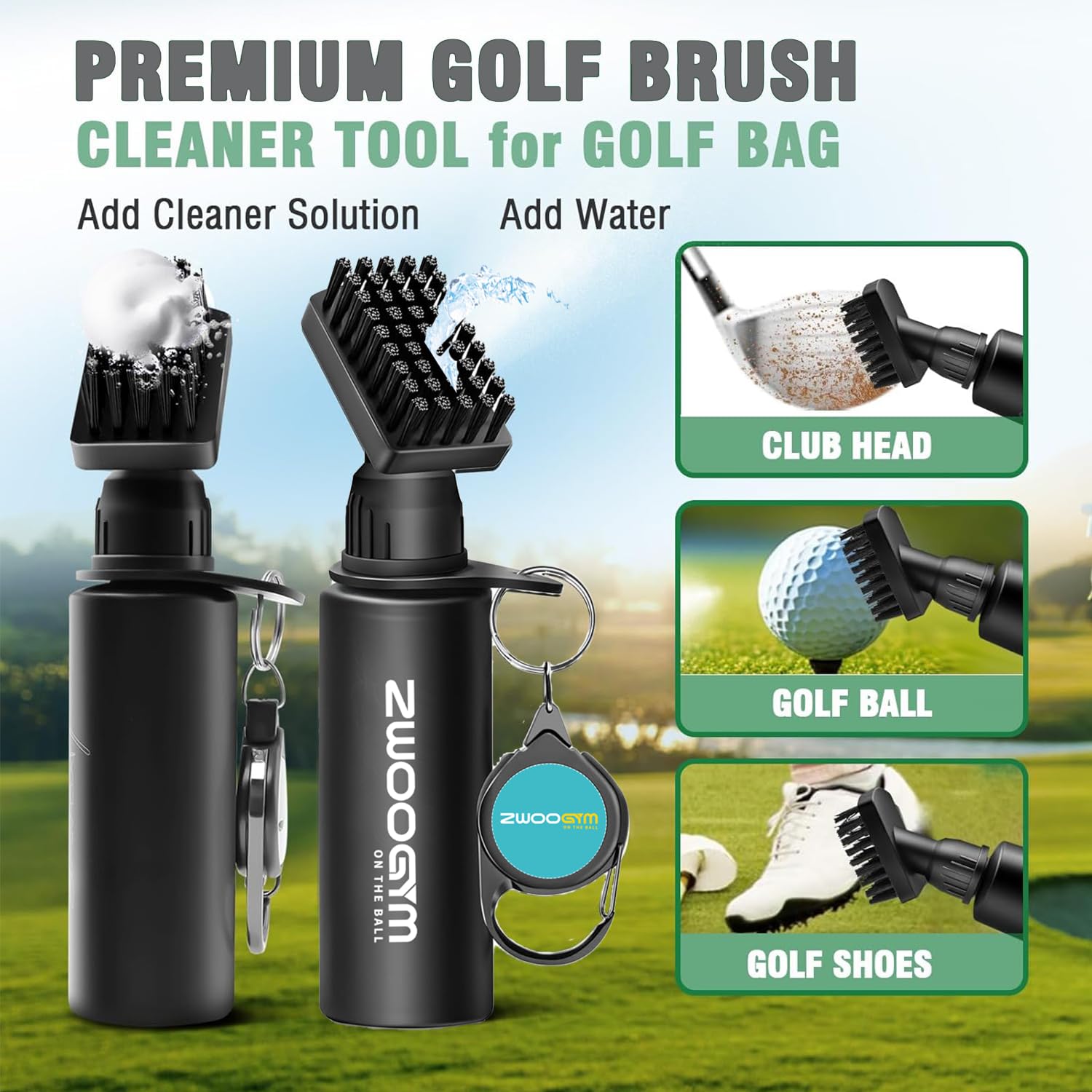 Pro Ensemble de nettoyage pour club de golf, brosse à eau avec clip de maintien et flacon de 4oz, aiguiseur de rainure de golf, convient pour rainures U et V (brosse noire + aiguiseur de