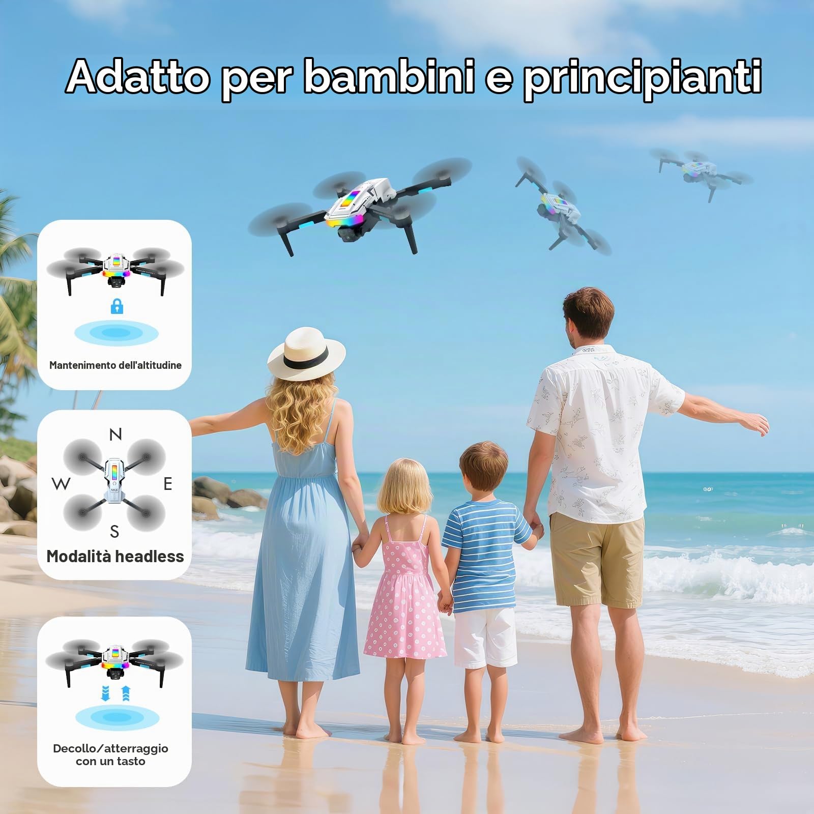 Drone con Telecamera 4K, 360°Flip, Wi-Fi, Motore Brushless, Modalità Senza Testa, Decollo/Atterraggio con un Solo Tasto, Volo in Traiettoria, Regali e Giocattoli per Principianti, 2 Batterie (Bianco)