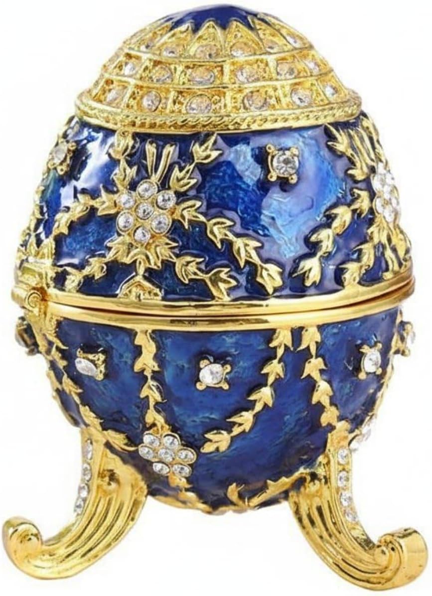 Enamel Jewelry Case Vintage Enameled Egg Trinket Box Alloy Jeweled Egg Crystal Detailed Keepsake Container Ornate Jewelry Holder timeless collectible, Blue