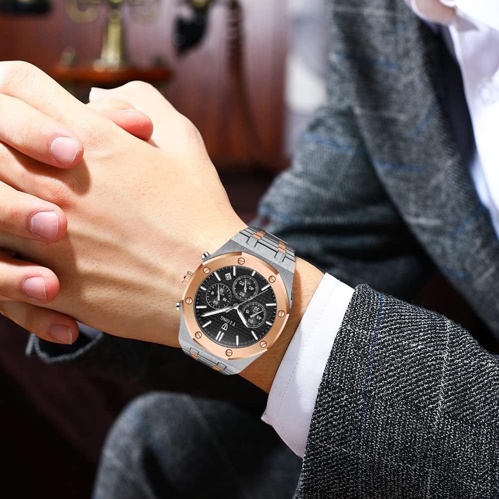 Tiong Mens Watches Chronograph Stainless Steel Waterproof Date Analog Quartz Watch Business Casual Fashion Wrist Watches for Men - Image 7