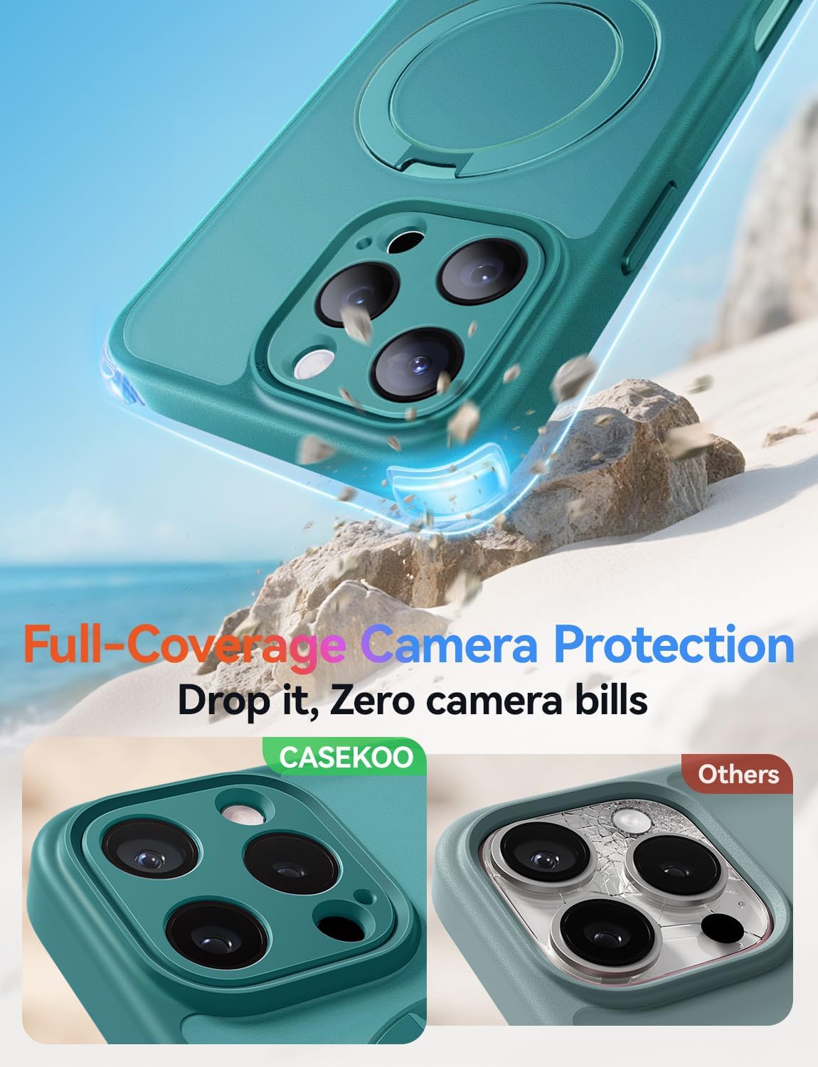 CASEKOO Upgraded Full Camera Protection for iPhone 16 Pro Max Case with Magnetic Invisible Stand [Compatible with MagSafe] [Military Grade Protection] for iPhone 16 Pro Max Case Stand 6.9", Teal