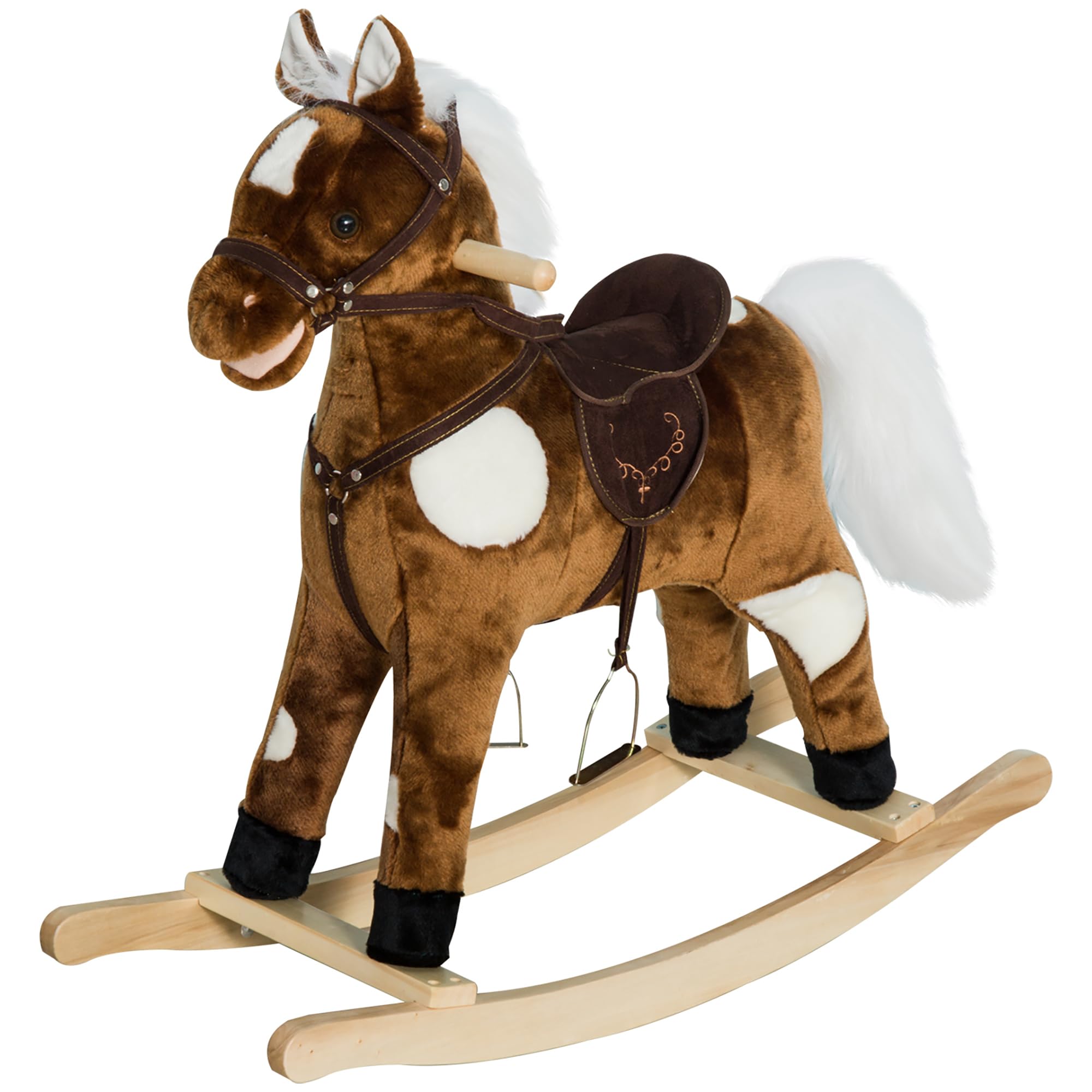 Qaba Kids Metal Plush Ride-On Rocking Horse Chair Toy with Nursery Rhyme Music - Dark Brown
