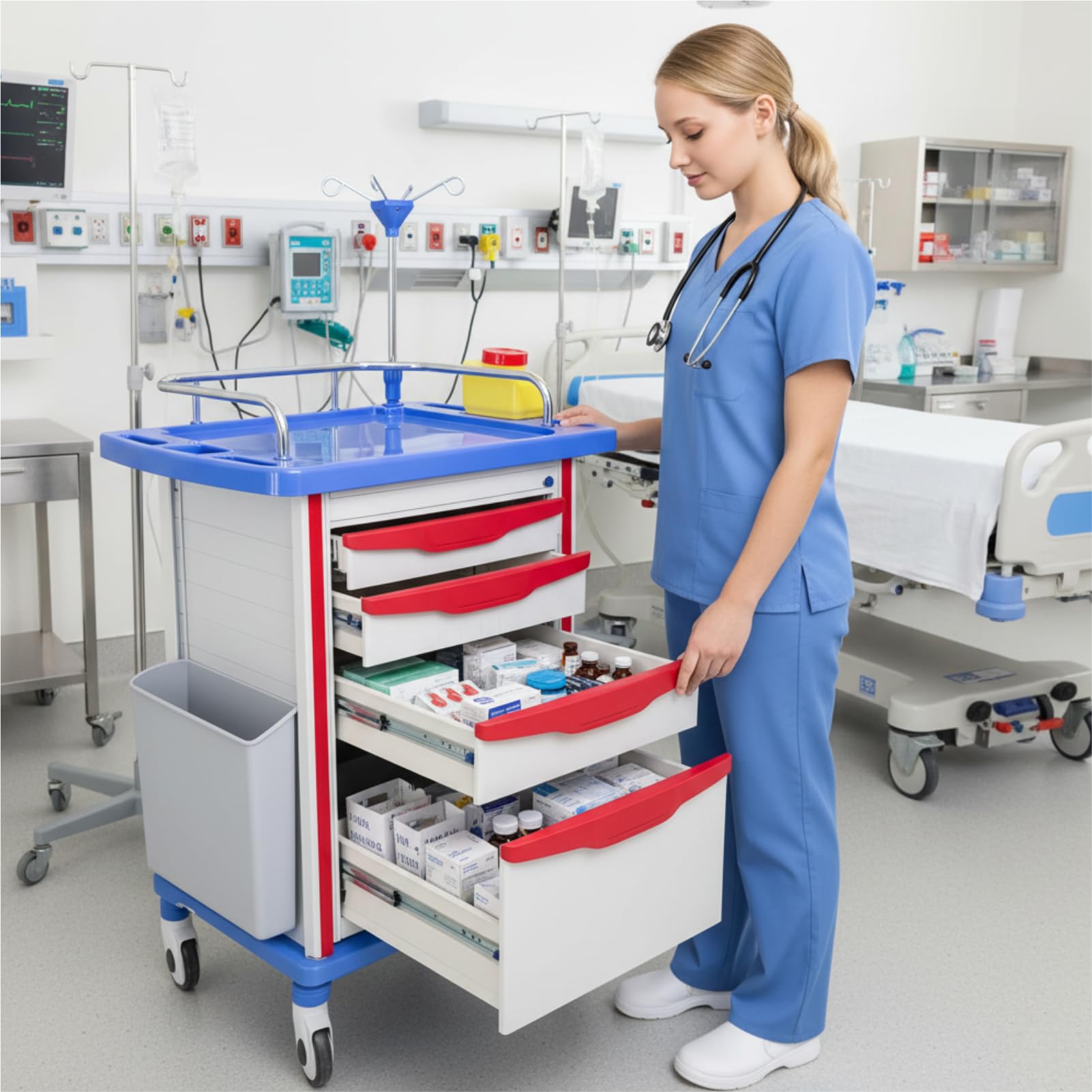 Carrello di incidente con accessori - carrello mobile per il trattamento di emergenza con palo IV, scheda cardiaca, O ₂ Portaserbatoio, cestino e cassetti per centro infermieristico clinico