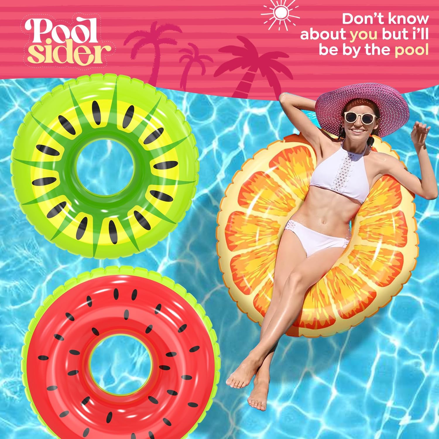 Inflatable Pool Floats (3 Pack) | Large Fruit Pool Floaties (32" Diameter) | 3 Pack Pool Tube Includes Orange, Watermelon & Kiwi - Pool Tubes for Kids | Inflatable Pool Toys by Poolsider