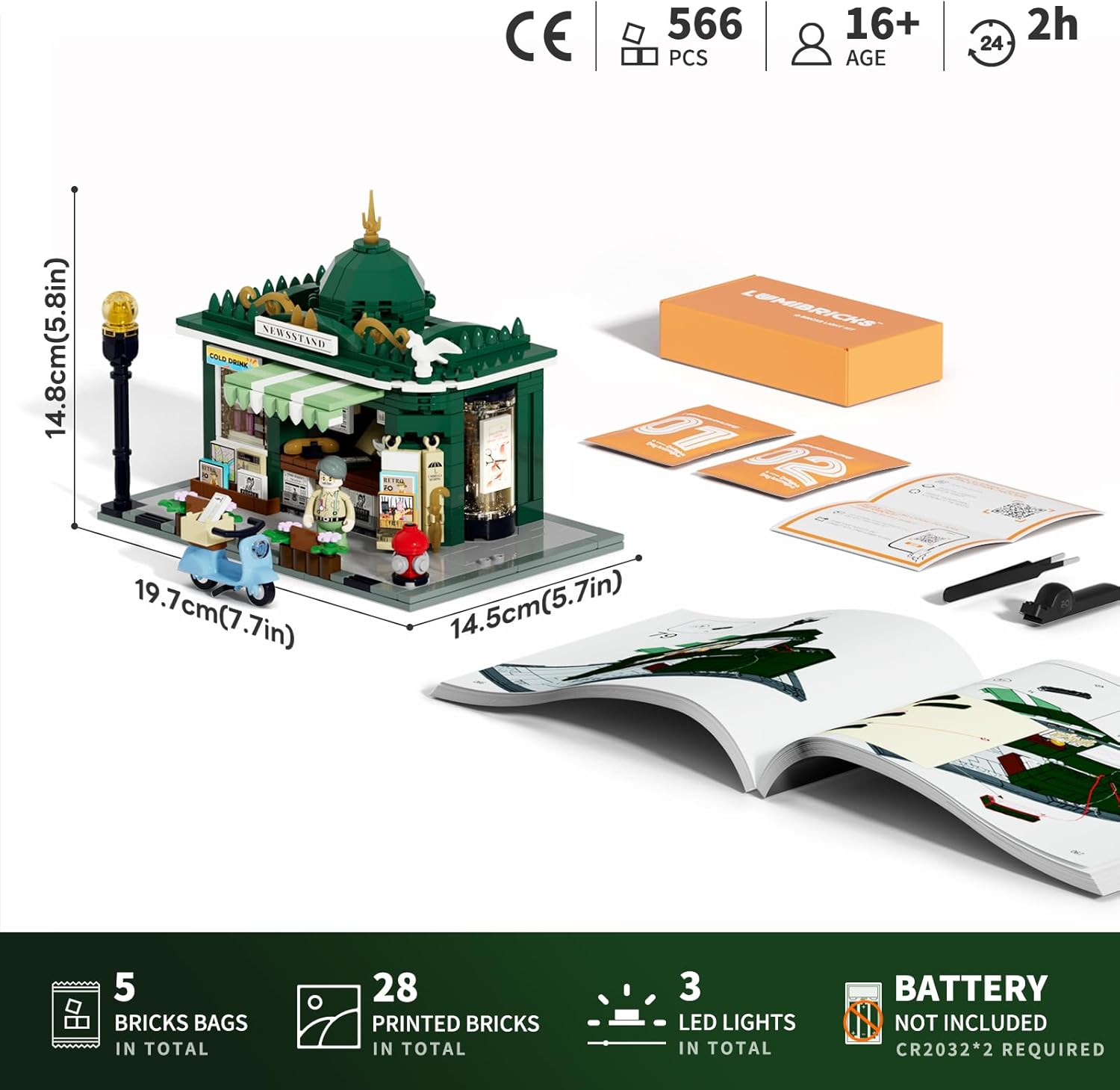 Lumibricks Newsstand Lighting Building Bricks Set - City Town Life Newsstand LED Light Construction Building Model Set 556 Pcs for Adults and Teen
