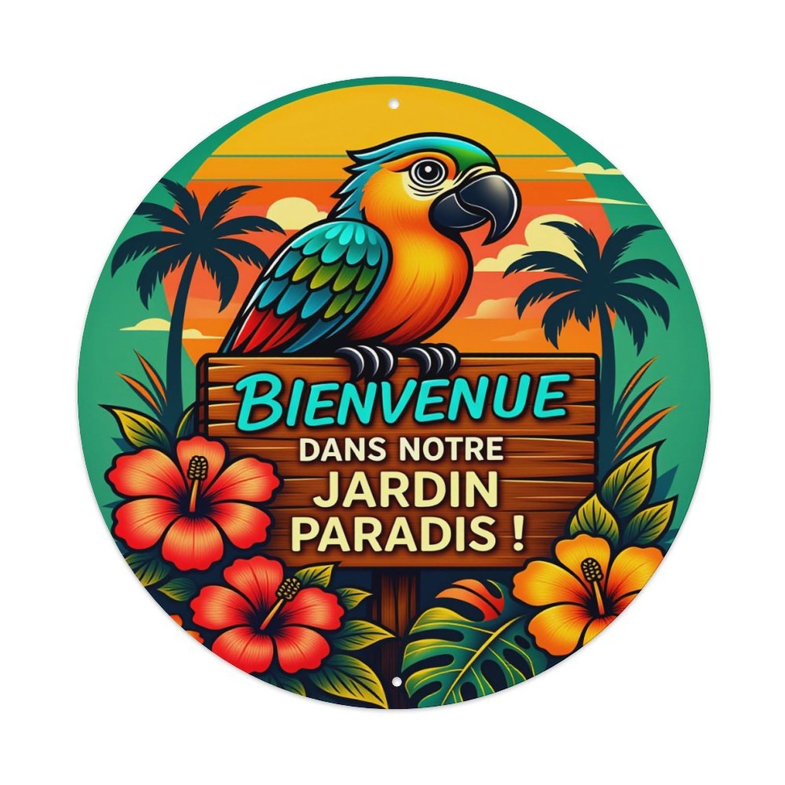 Tropical Parrot Sunset Palm Flowers Vintage Metal Tin Sign Retro Wall Decor for Home Bar Garage Cafe, Indoor & Outdoor Decorative，circle Metal Poster, 8x8 Inch